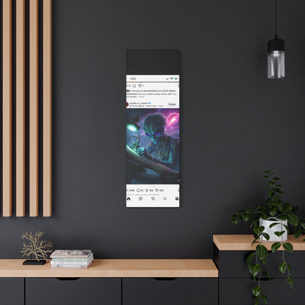 Alien Tattoo Artist Matte Canvas Print — Sci‑Fi Wall Art for Gamers & Nerd Decor