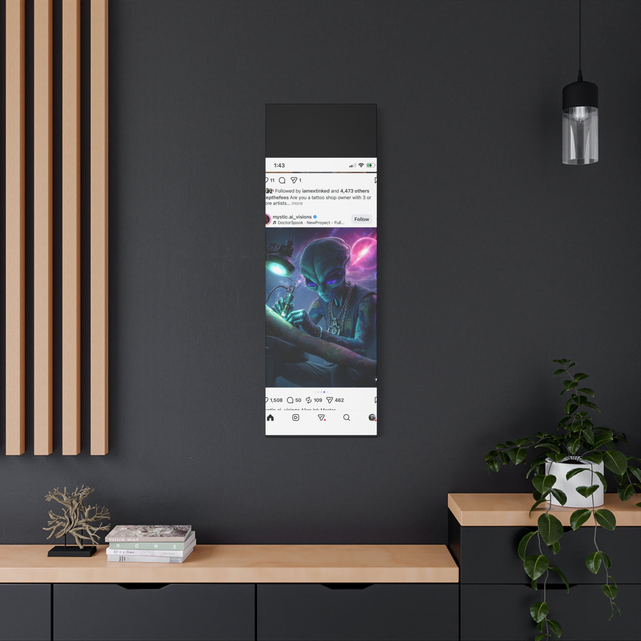 Alien Tattoo Artist Matte Canvas Print — Sci‑Fi Wall Art for Gamers & Nerd Decor