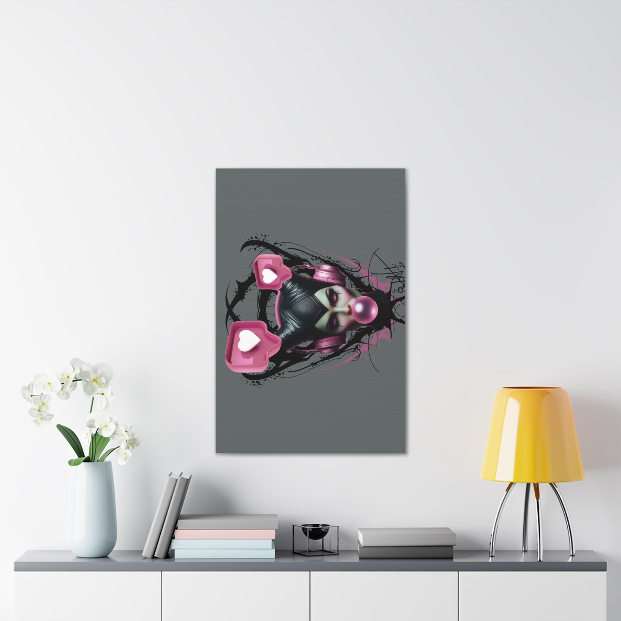Gothic Pop Art Canvas Print — Pink Headphones & Bubblegum Femme