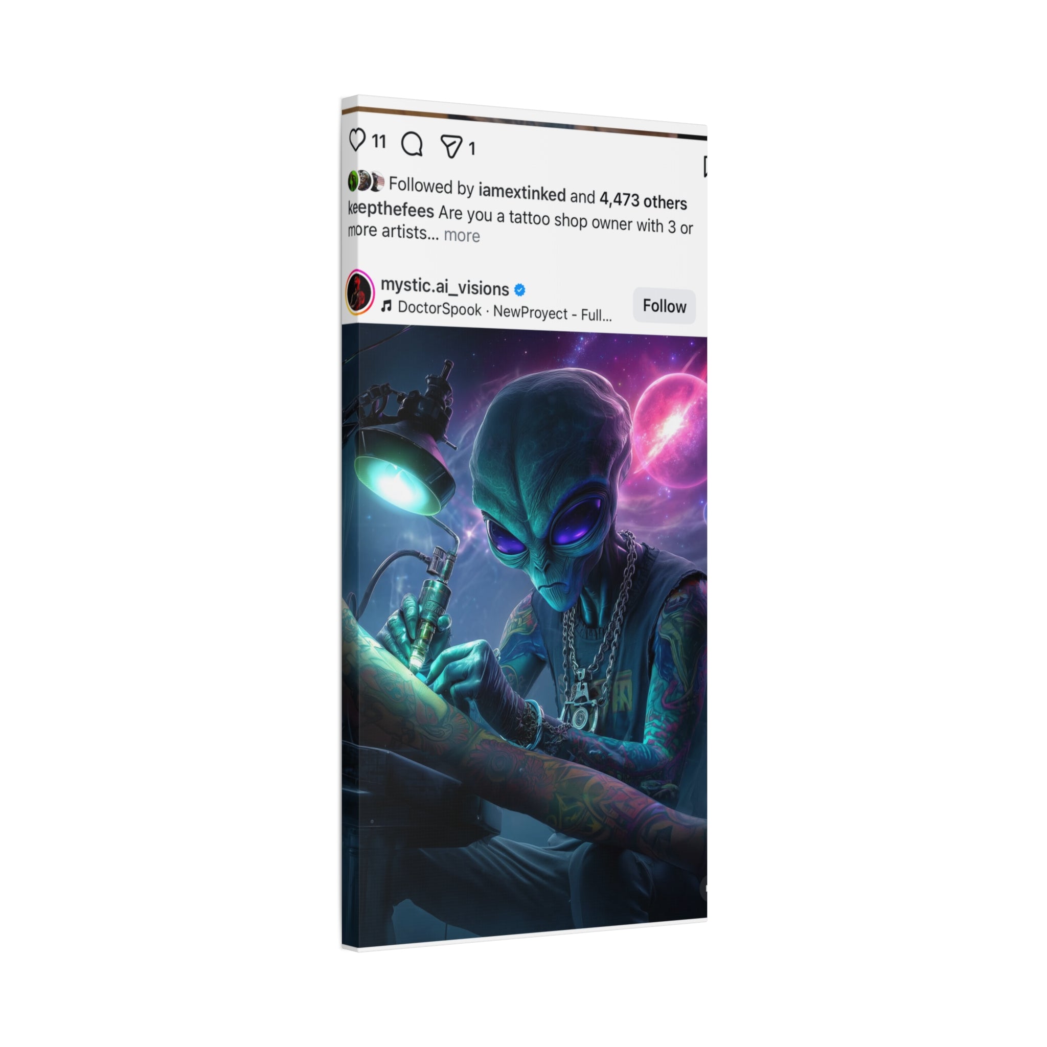 Alien Tattoo Artist Matte Canvas Print — Sci‑Fi Wall Art for Gamers & Nerd Decor