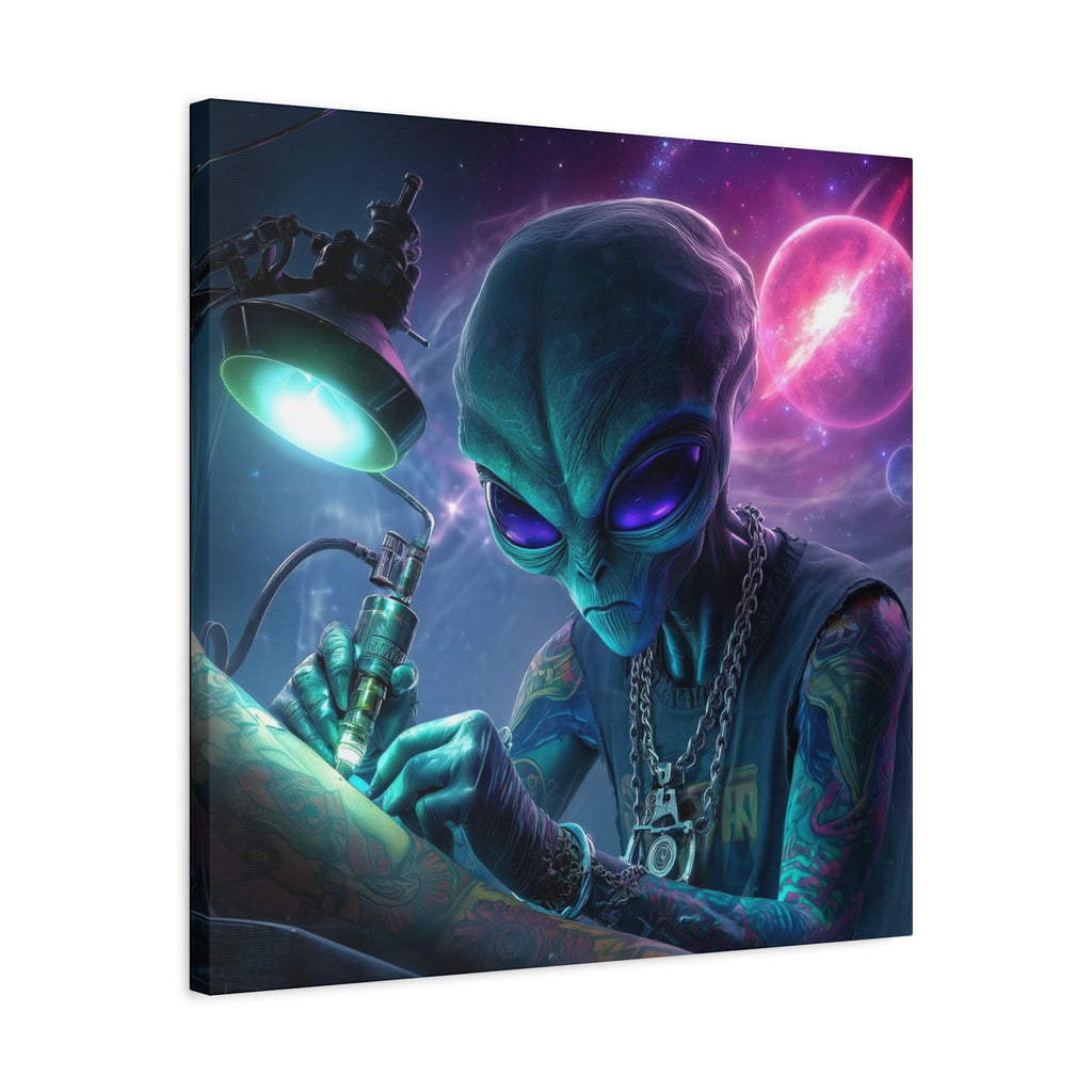 Alien Tattoo Artist Matte Canvas Print — Sci‑Fi Wall Art for Gamers & Nerd Decor