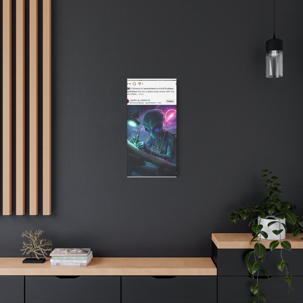 Alien Tattoo Artist Matte Canvas Print — Sci‑Fi Wall Art for Gamers & Nerd Decor