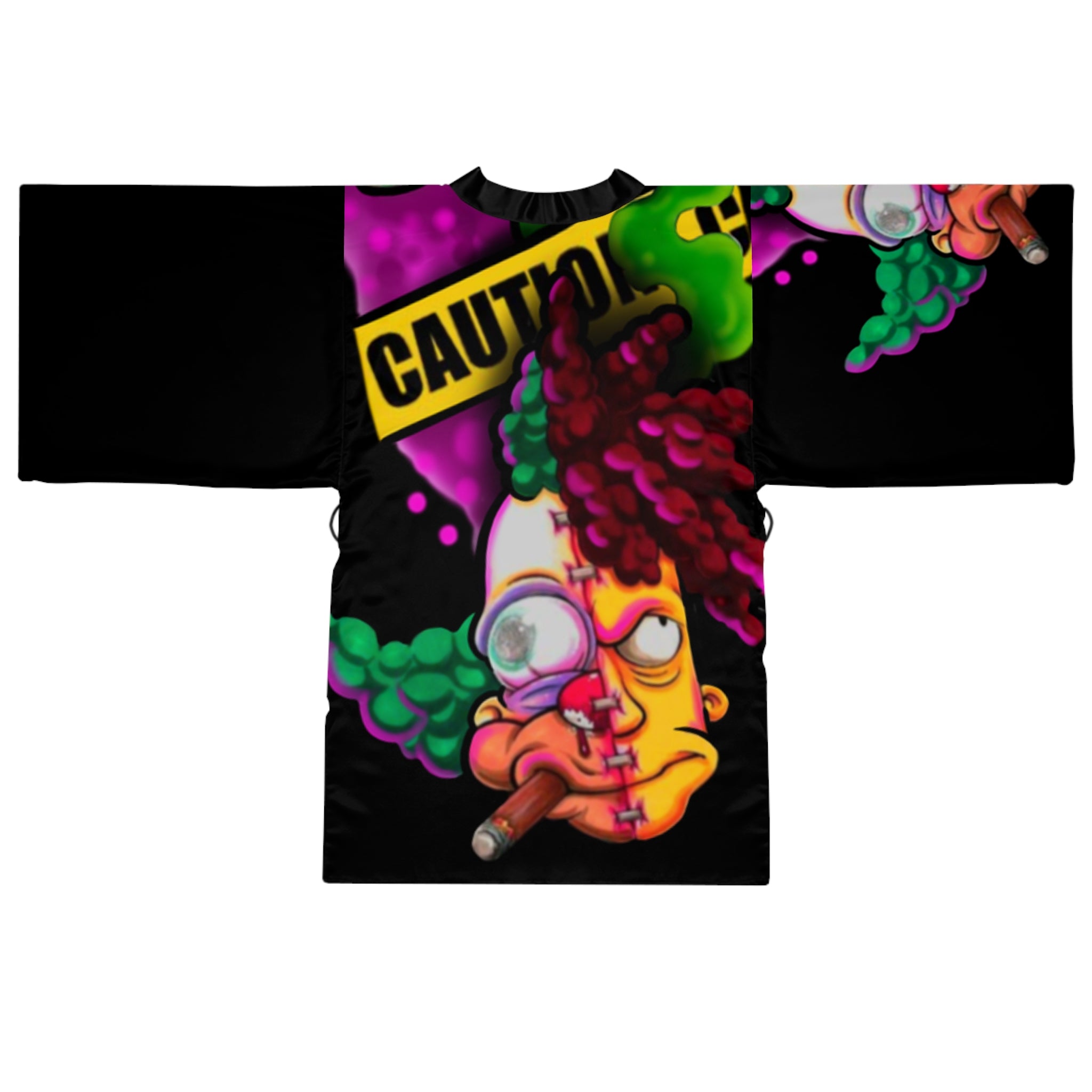 Psychedelic Caution Monster Kimono Robe - Neon Horror Graphic Long Sleeve