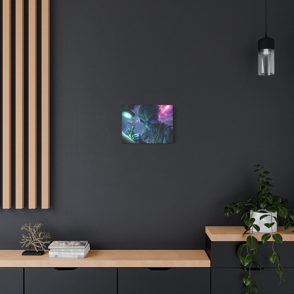 Alien Tattoo Artist Matte Canvas Print — Sci‑Fi Wall Art for Gamers & Nerd Decor