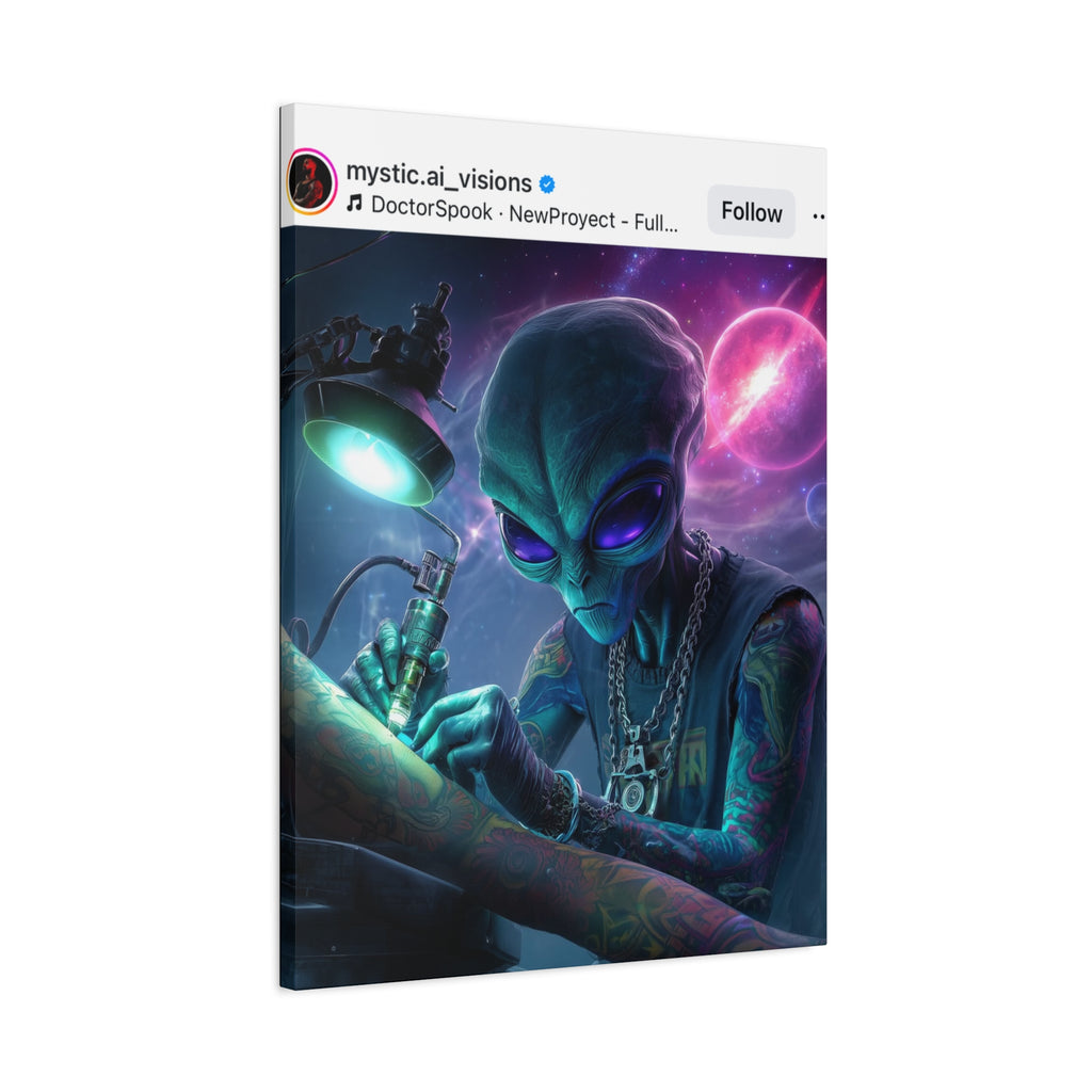Alien Tattoo Artist Matte Canvas Print — Sci‑Fi Wall Art for Gamers & Nerd Decor
