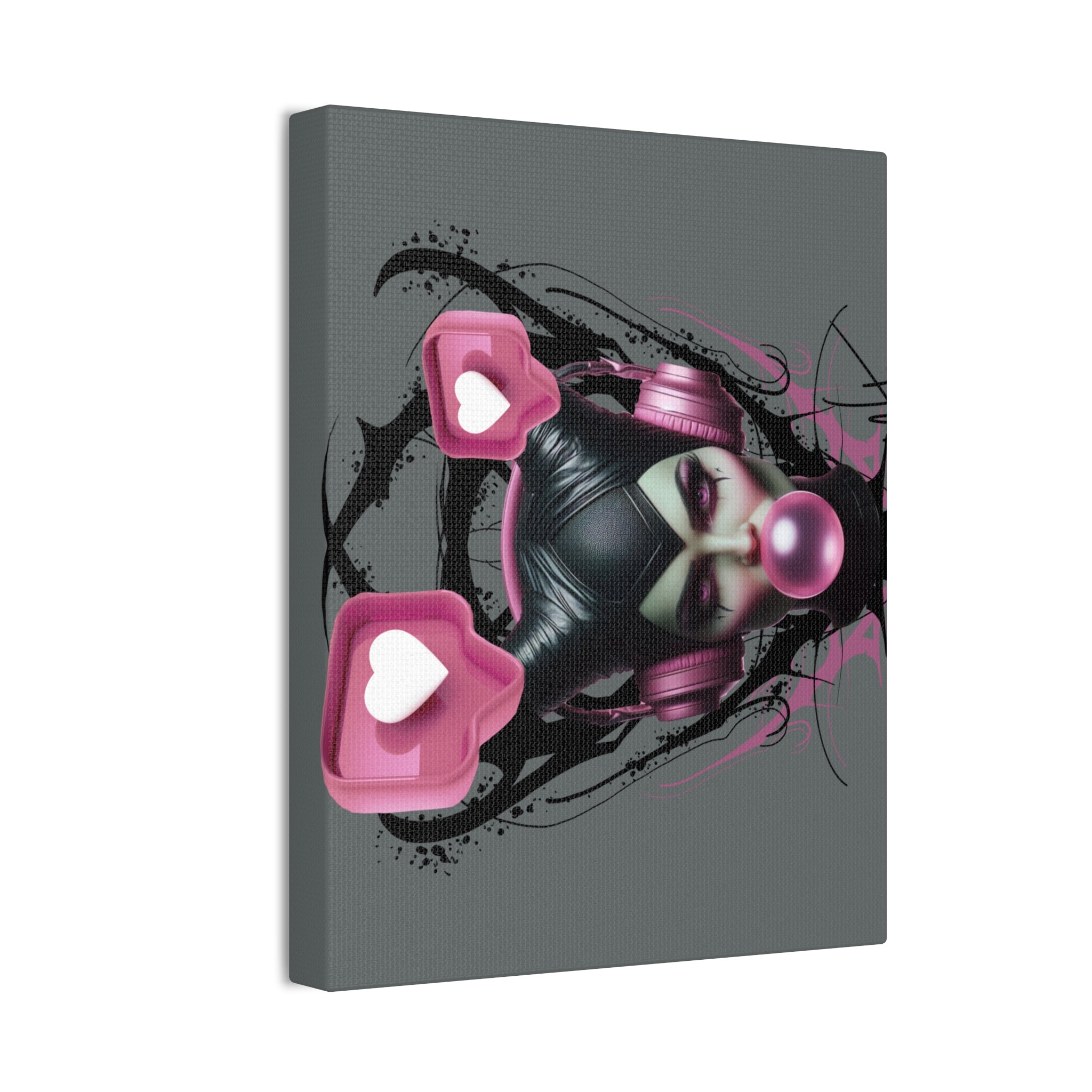 Gothic Pop Art Canvas Print — Pink Headphones & Bubblegum Femme