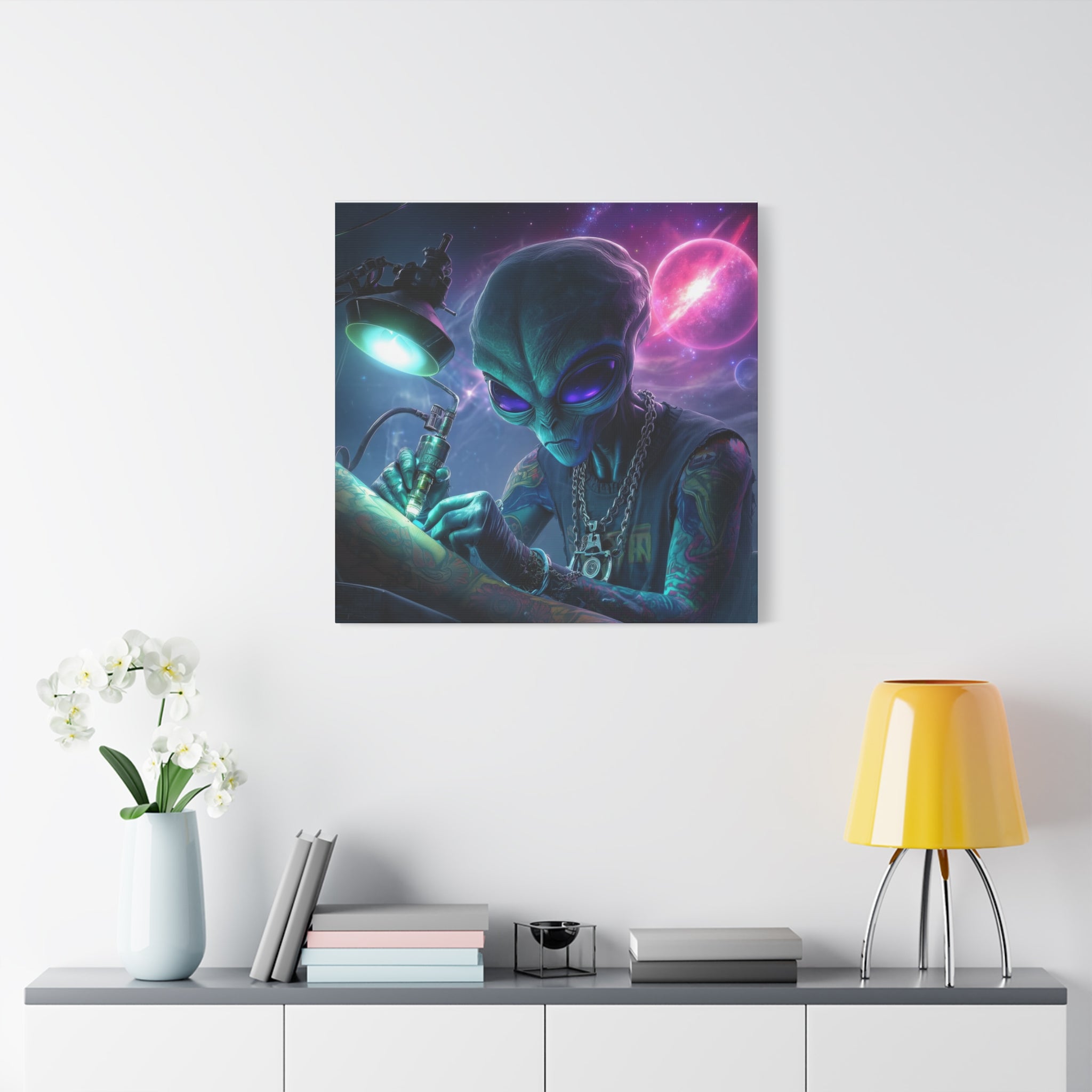 Alien Tattoo Artist Matte Canvas Print — Sci‑Fi Wall Art for Gamers & Nerd Decor
