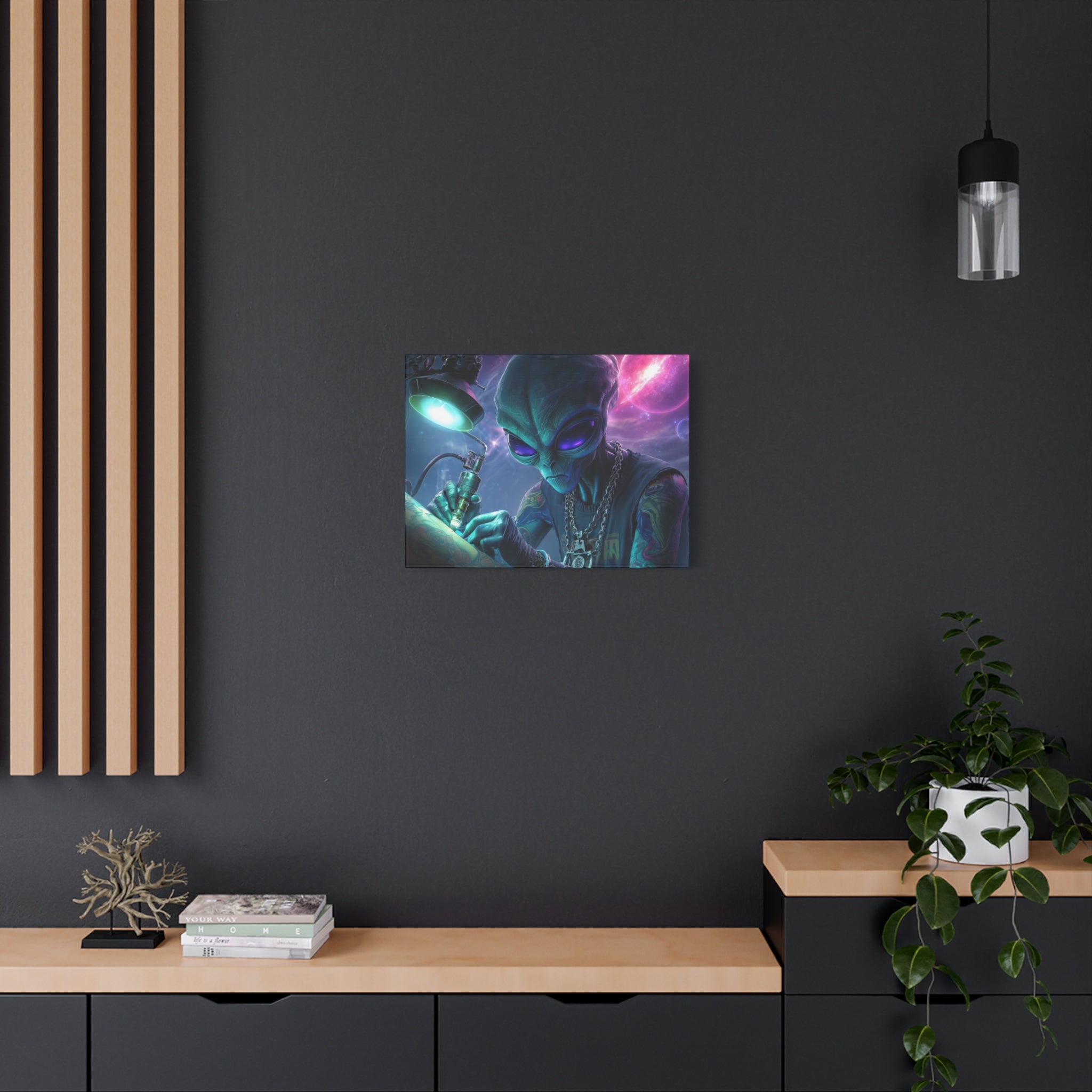 Alien Tattoo Artist Matte Canvas Print — Sci‑Fi Wall Art for Gamers & Nerd Decor