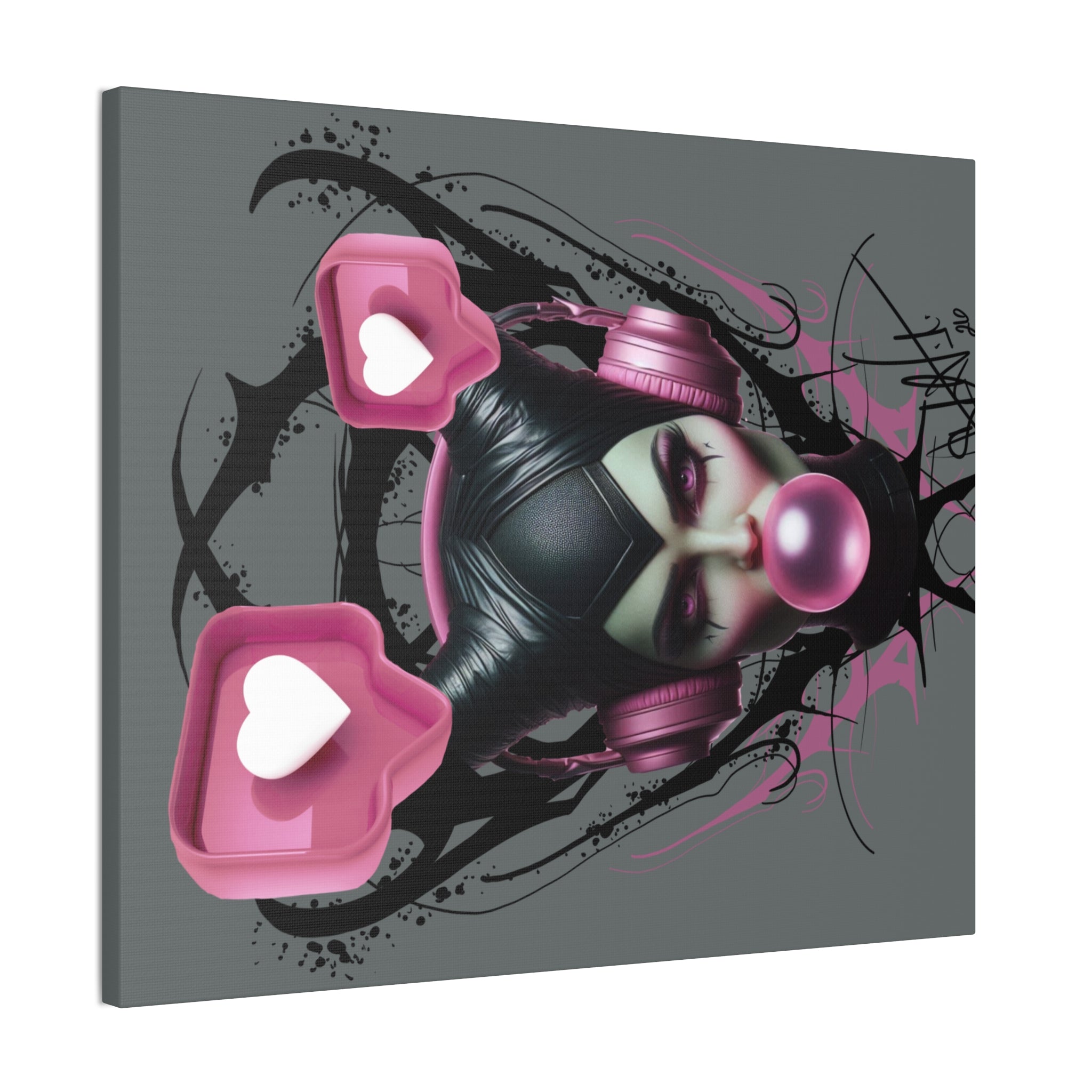 Gothic Pop Art Canvas Print — Pink Headphones & Bubblegum Femme