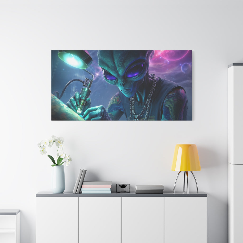Alien Tattoo Artist Matte Canvas Print — Sci‑Fi Wall Art for Gamers & Nerd Decor