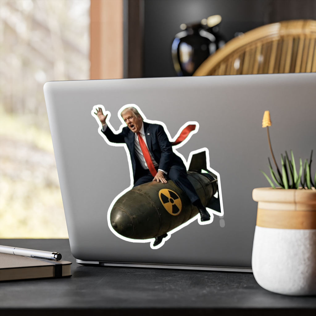 Political Satire Vinyl Sticker — Man Riding Nuclear Bomb Kiss-Cut Decal