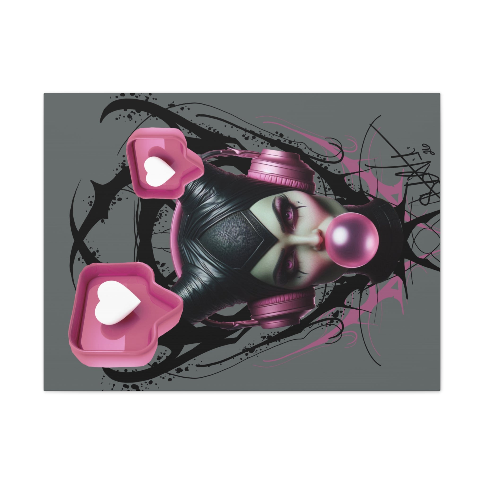 Gothic Pop Art Canvas Print — Pink Headphones & Bubblegum Femme