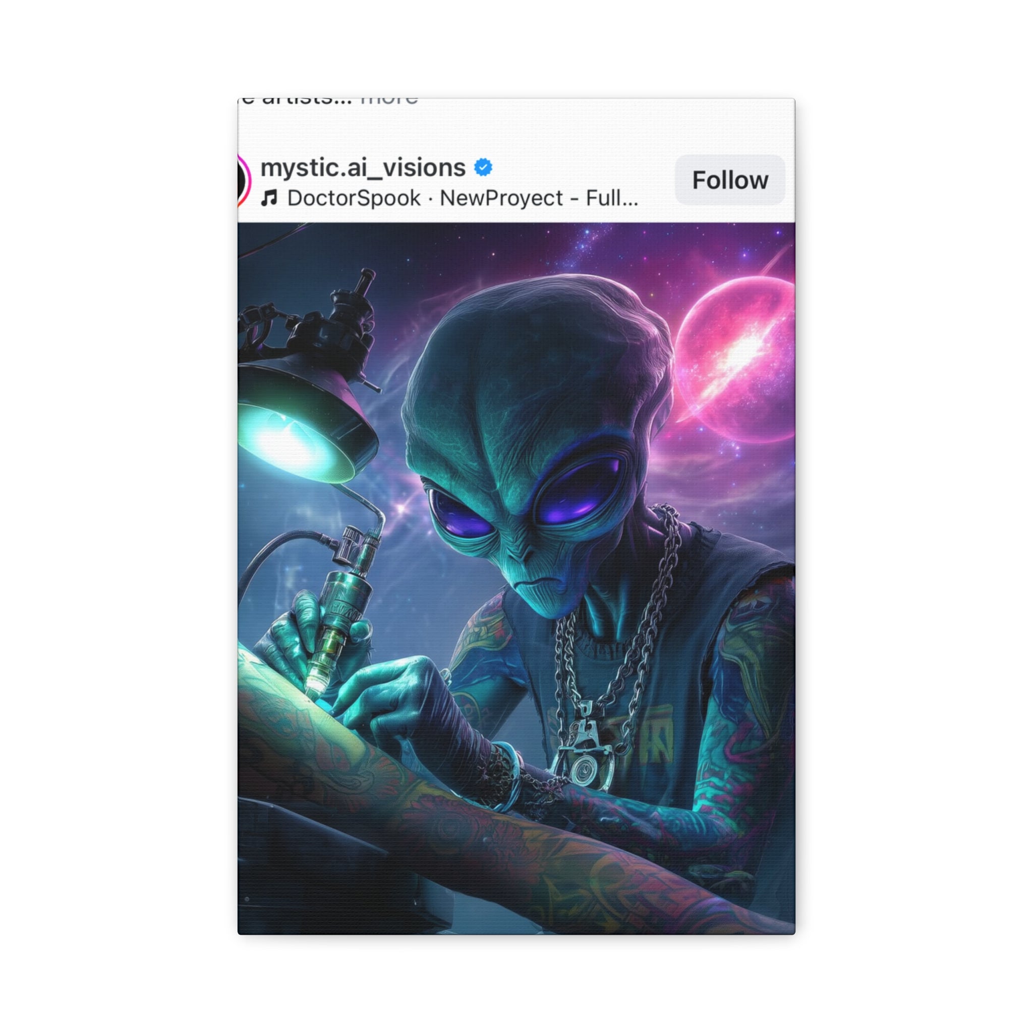 Alien Tattoo Artist Matte Canvas Print — Sci‑Fi Wall Art for Gamers & Nerd Decor
