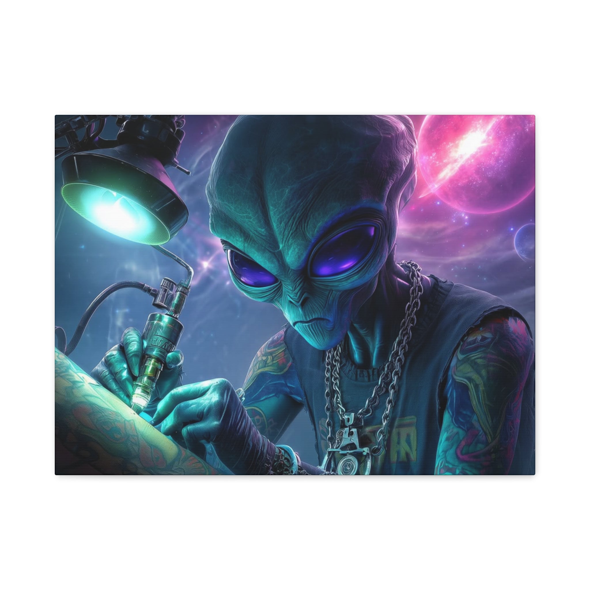 Alien Tattoo Artist Matte Canvas Print — Sci‑Fi Wall Art for Gamers & Nerd Decor
