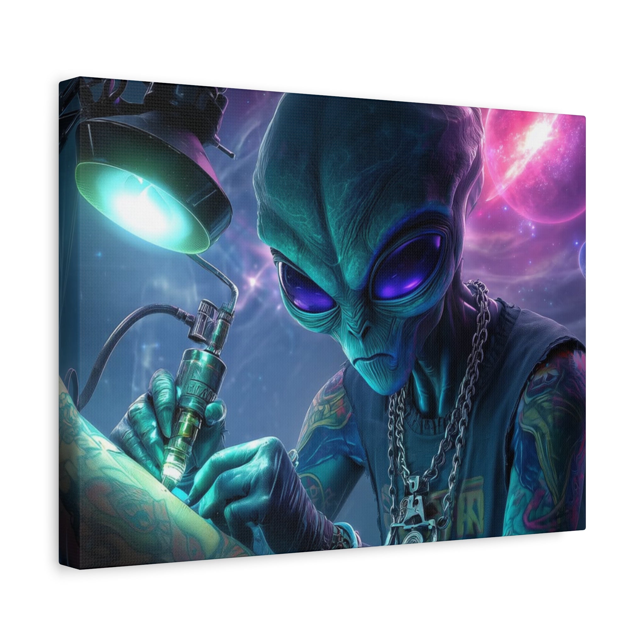 Alien Tattoo Artist Matte Canvas Print — Sci‑Fi Wall Art for Gamers & Nerd Decor