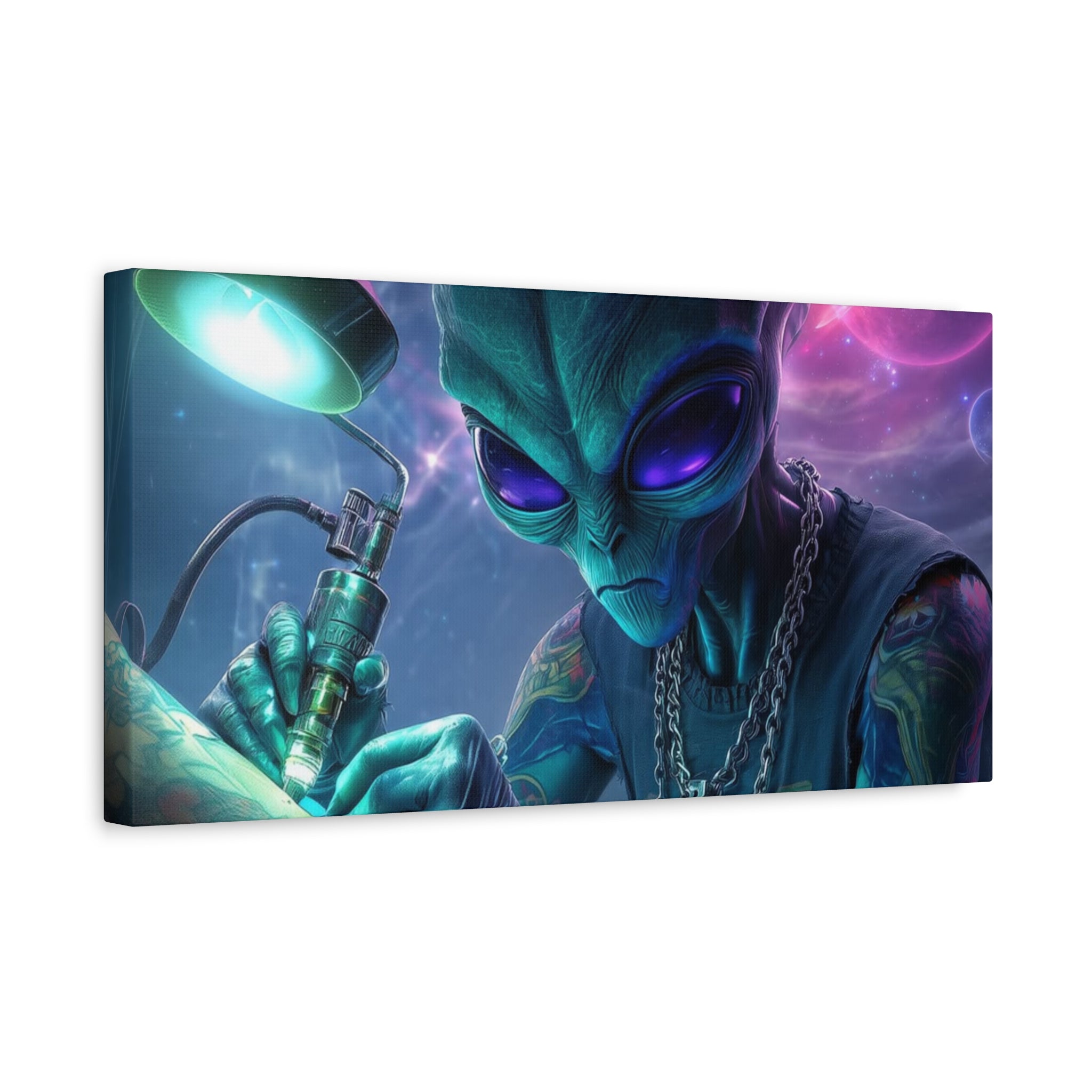 Alien Tattoo Artist Matte Canvas Print — Sci‑Fi Wall Art for Gamers & Nerd Decor