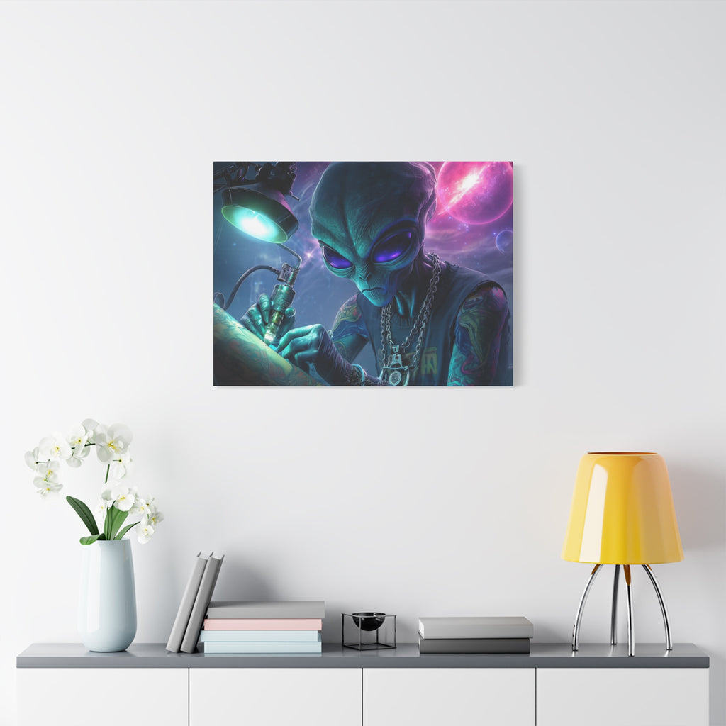 Alien Tattoo Artist Matte Canvas Print — Sci‑Fi Wall Art for Gamers & Nerd Decor