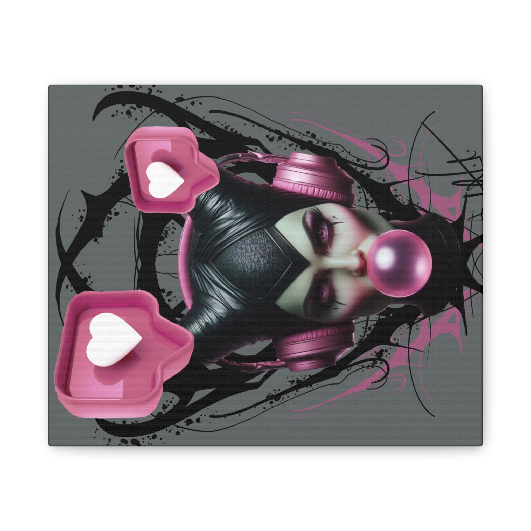 Gothic Pop Art Canvas Print — Pink Headphones & Bubblegum Femme
