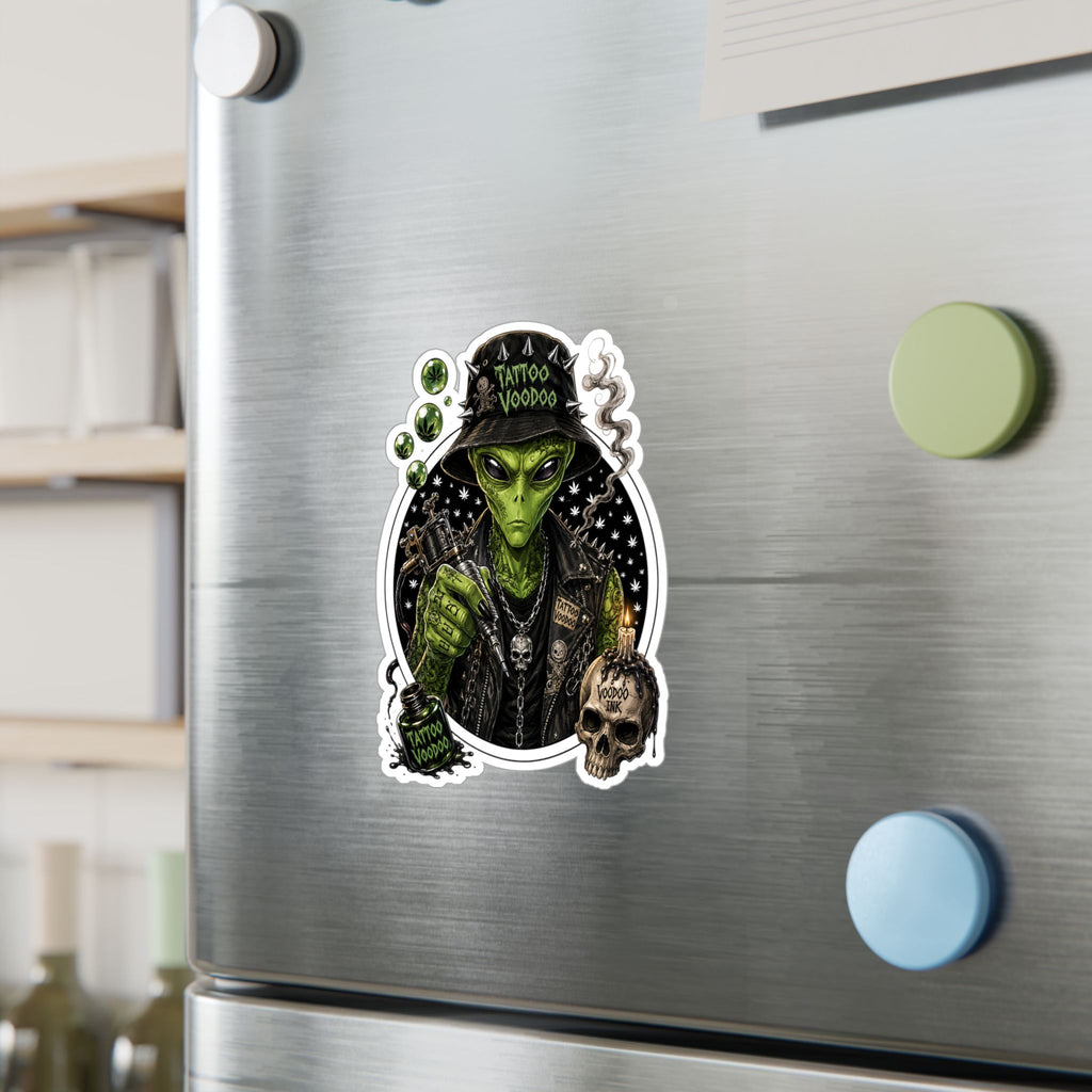Alien Voodoo Tattoo Kiss-Cut Vinyl Decal — Green Alien with Skull & Smoke