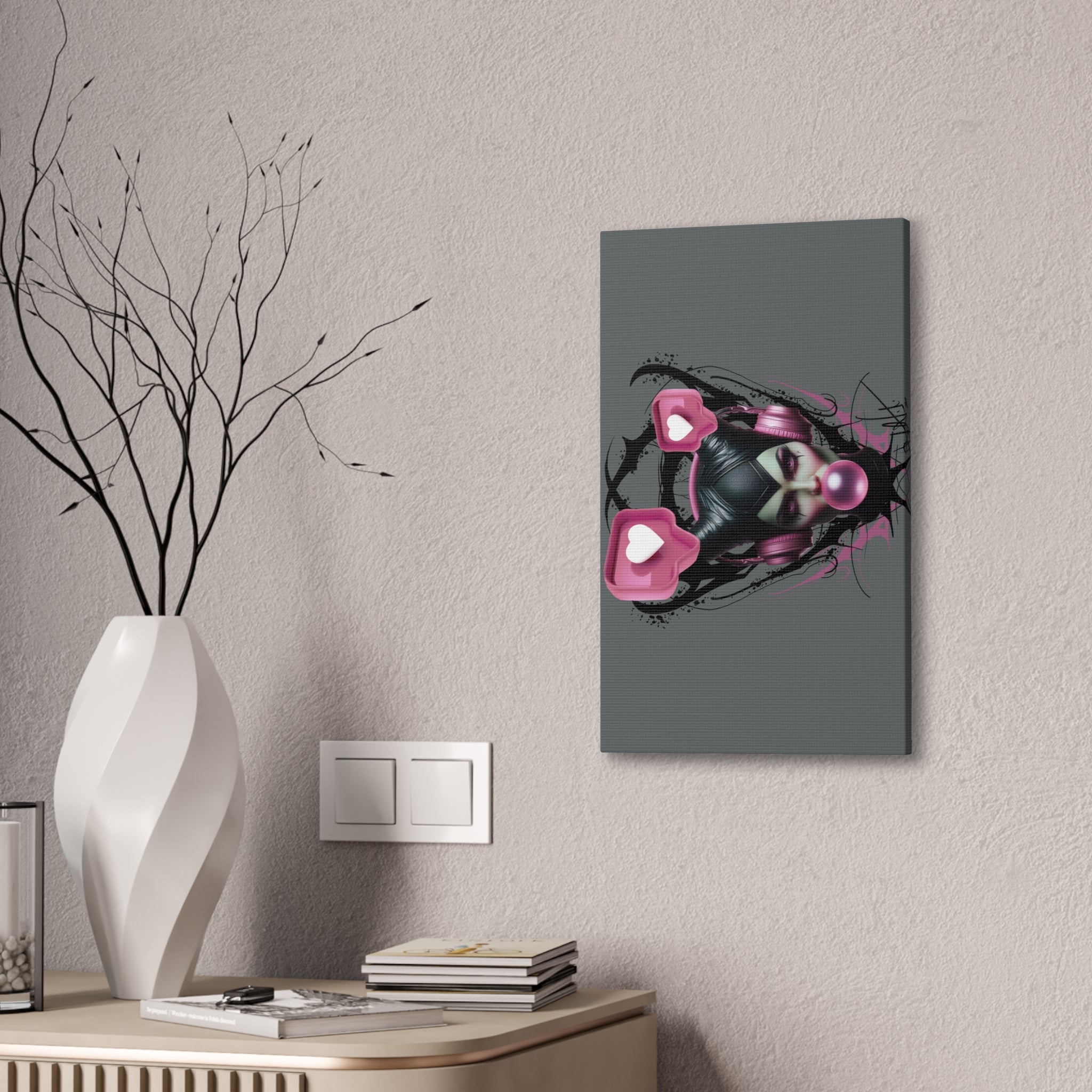 Gothic Pop Art Canvas Print — Pink Headphones & Bubblegum Femme