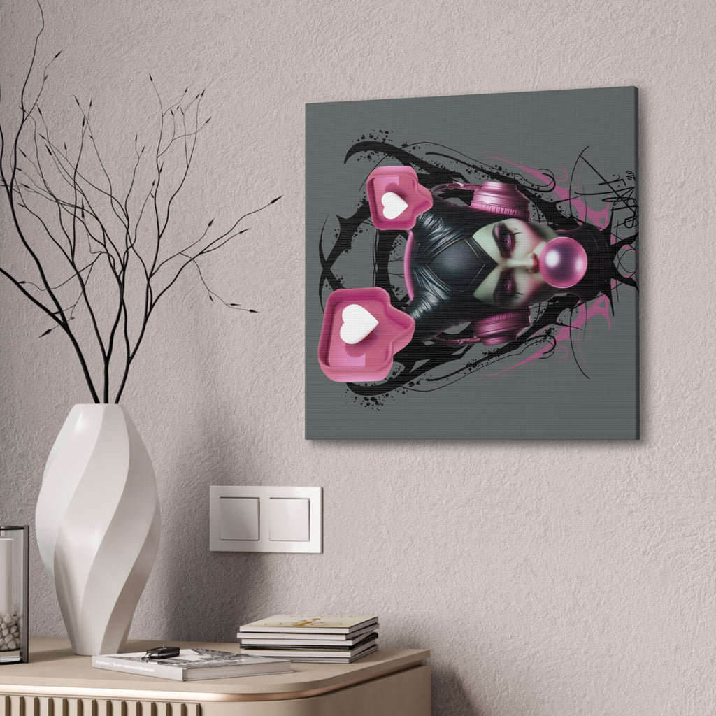 Gothic Pop Art Canvas Print — Pink Headphones & Bubblegum Femme