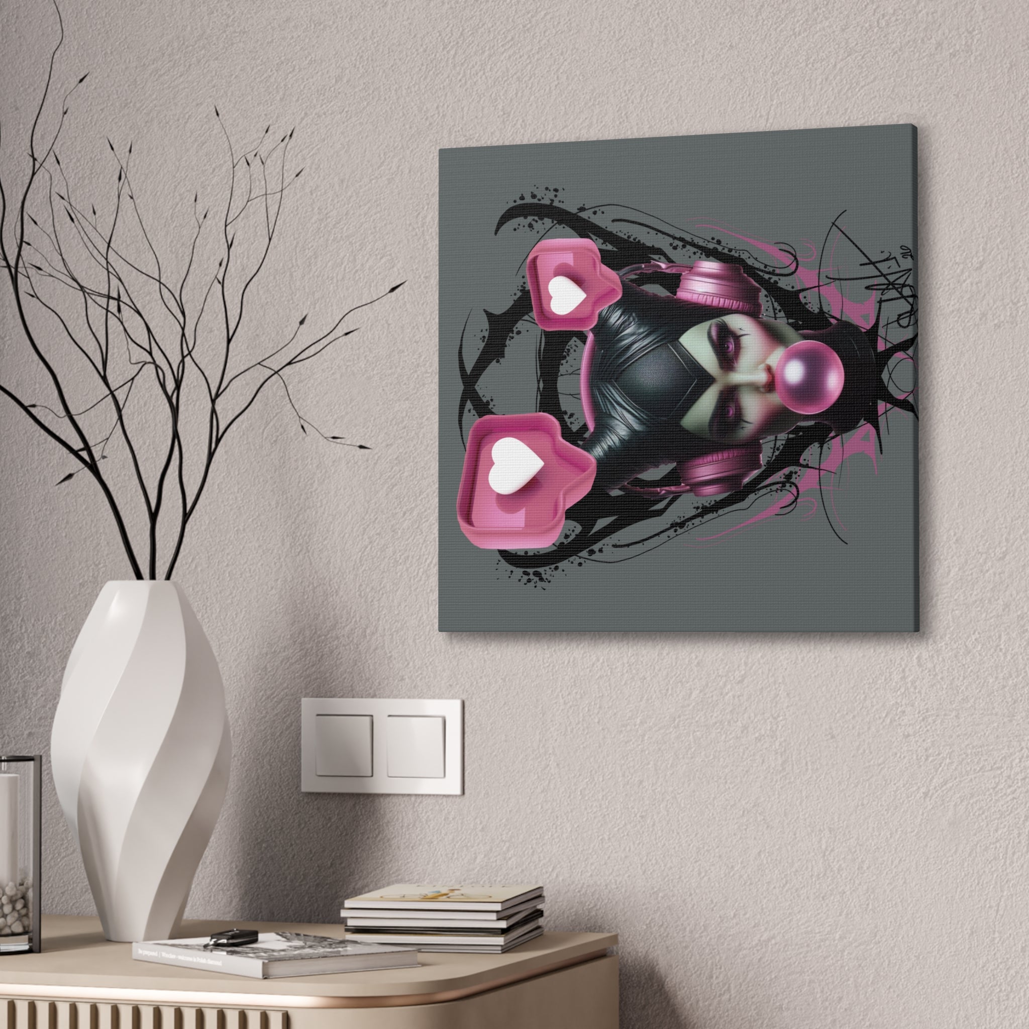 Gothic Pop Art Canvas Print — Pink Headphones & Bubblegum Femme