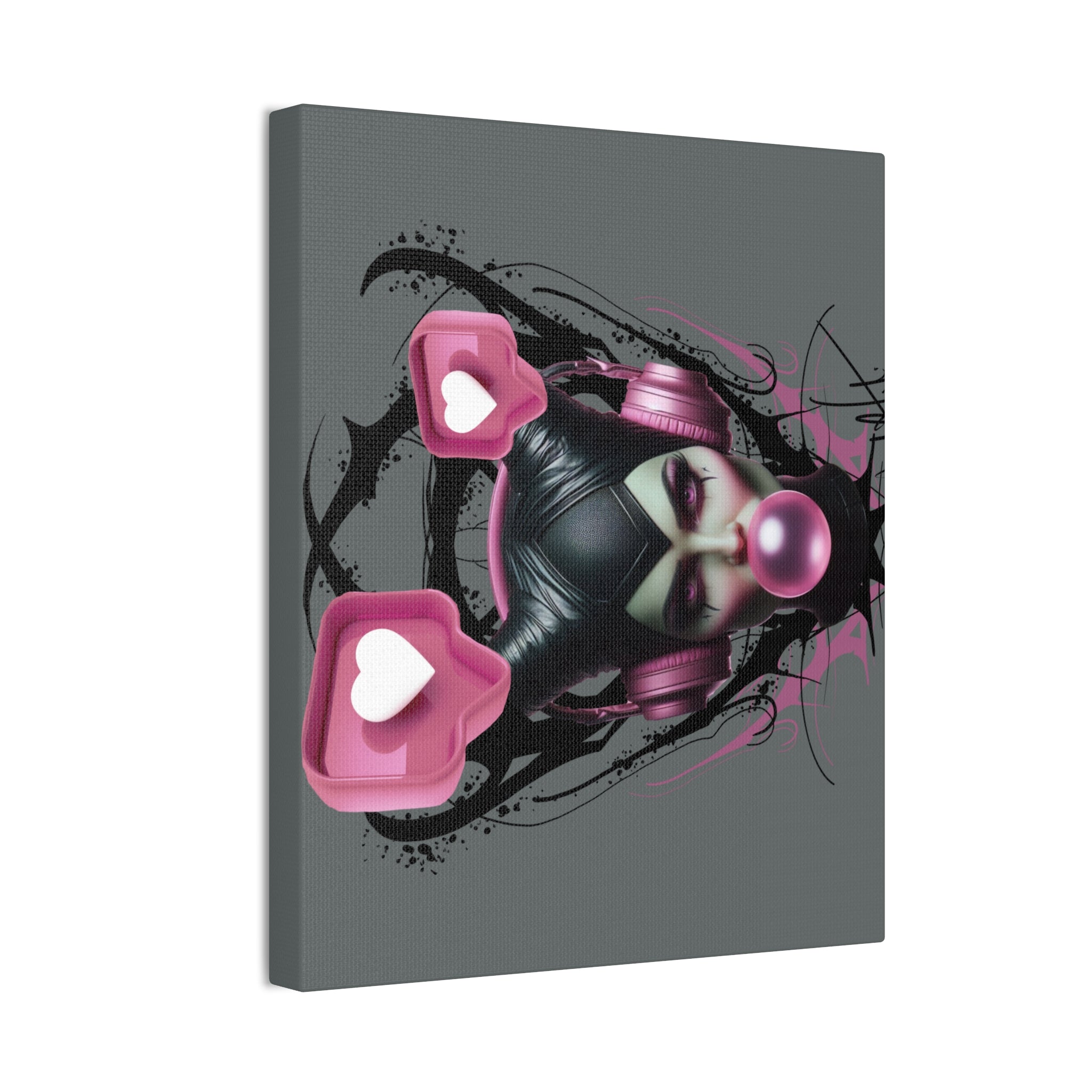 Gothic Pop Art Canvas Print — Pink Headphones & Bubblegum Femme