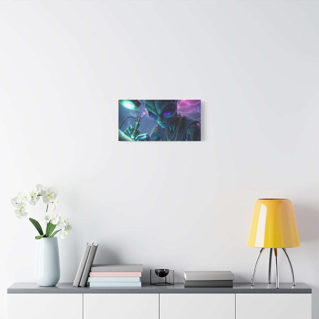 Alien Tattoo Artist Matte Canvas Print — Sci‑Fi Wall Art for Gamers & Nerd Decor