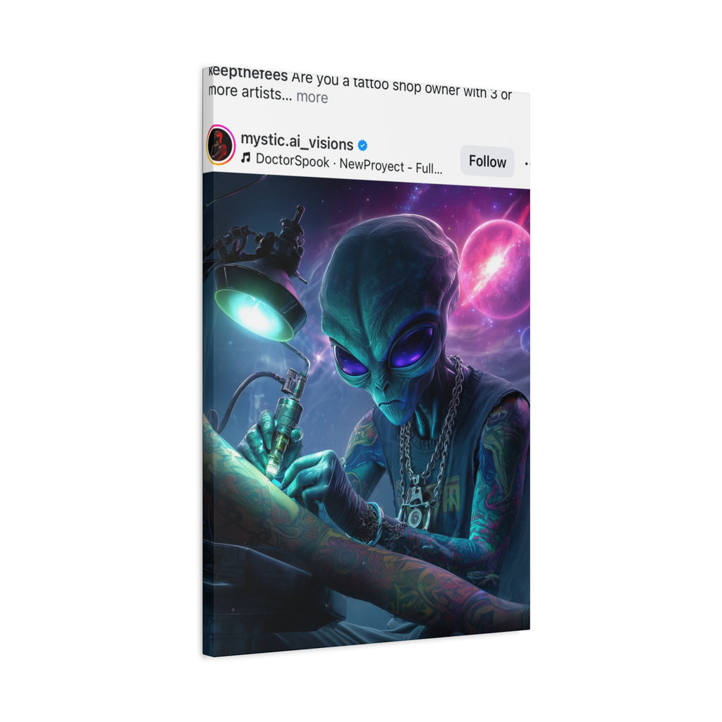 Alien Tattoo Artist Matte Canvas Print — Sci‑Fi Wall Art for Gamers & Nerd Decor