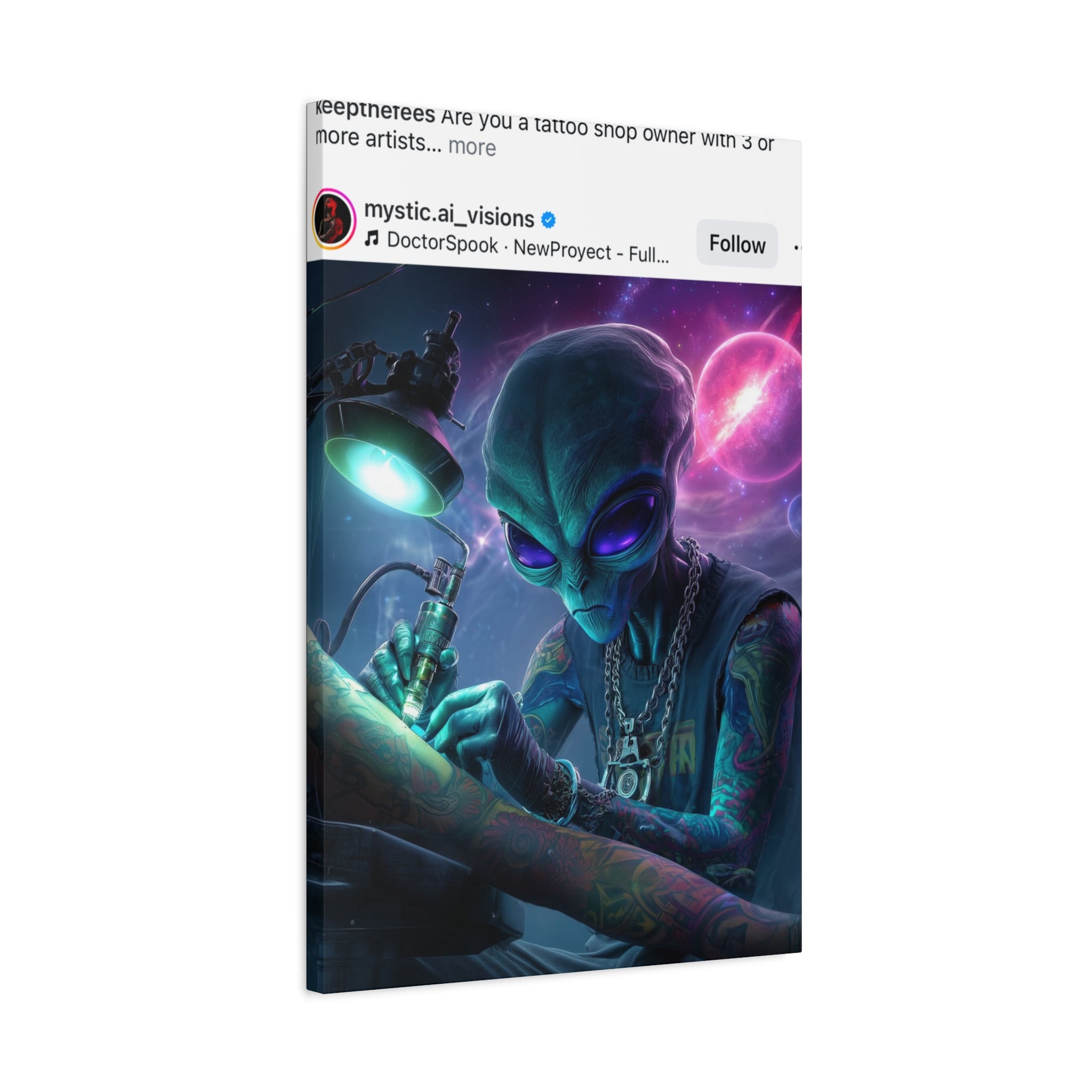 Alien Tattoo Artist Matte Canvas Print — Sci‑Fi Wall Art for Gamers & Nerd Decor