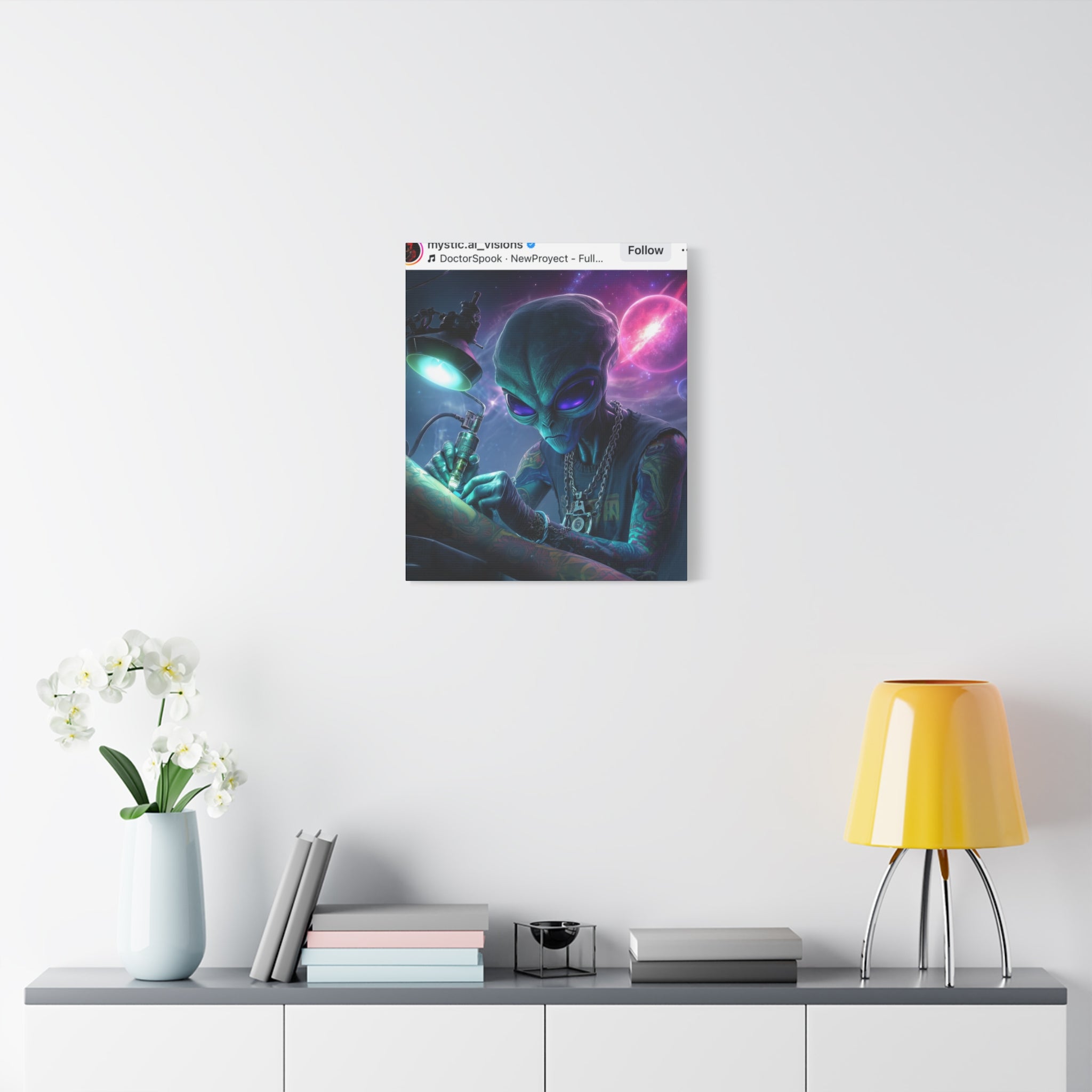 Alien Tattoo Artist Matte Canvas Print — Sci‑Fi Wall Art for Gamers & Nerd Decor