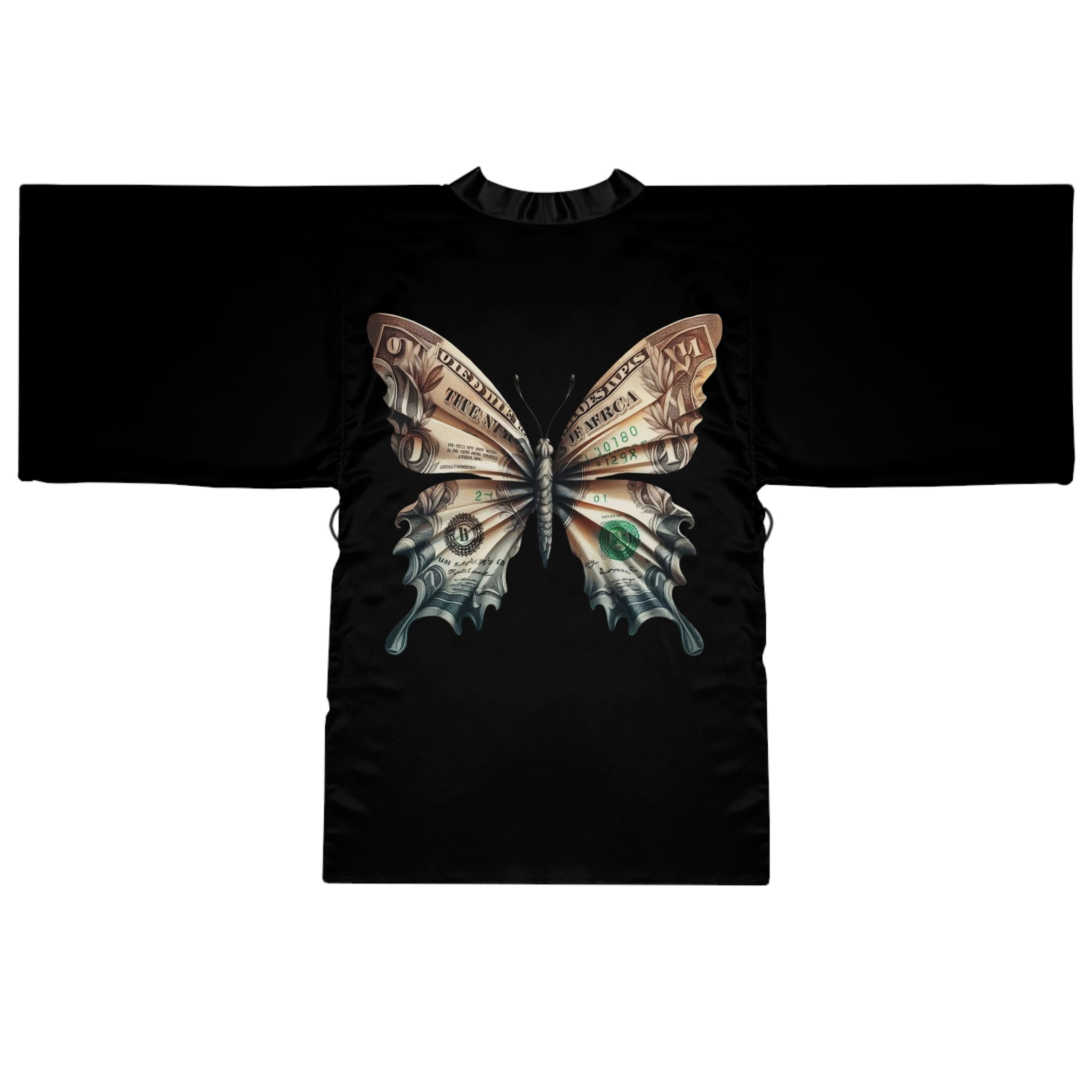 Butterfly Money Kimono Robe — Black All-Over-Print Lounge Jacket