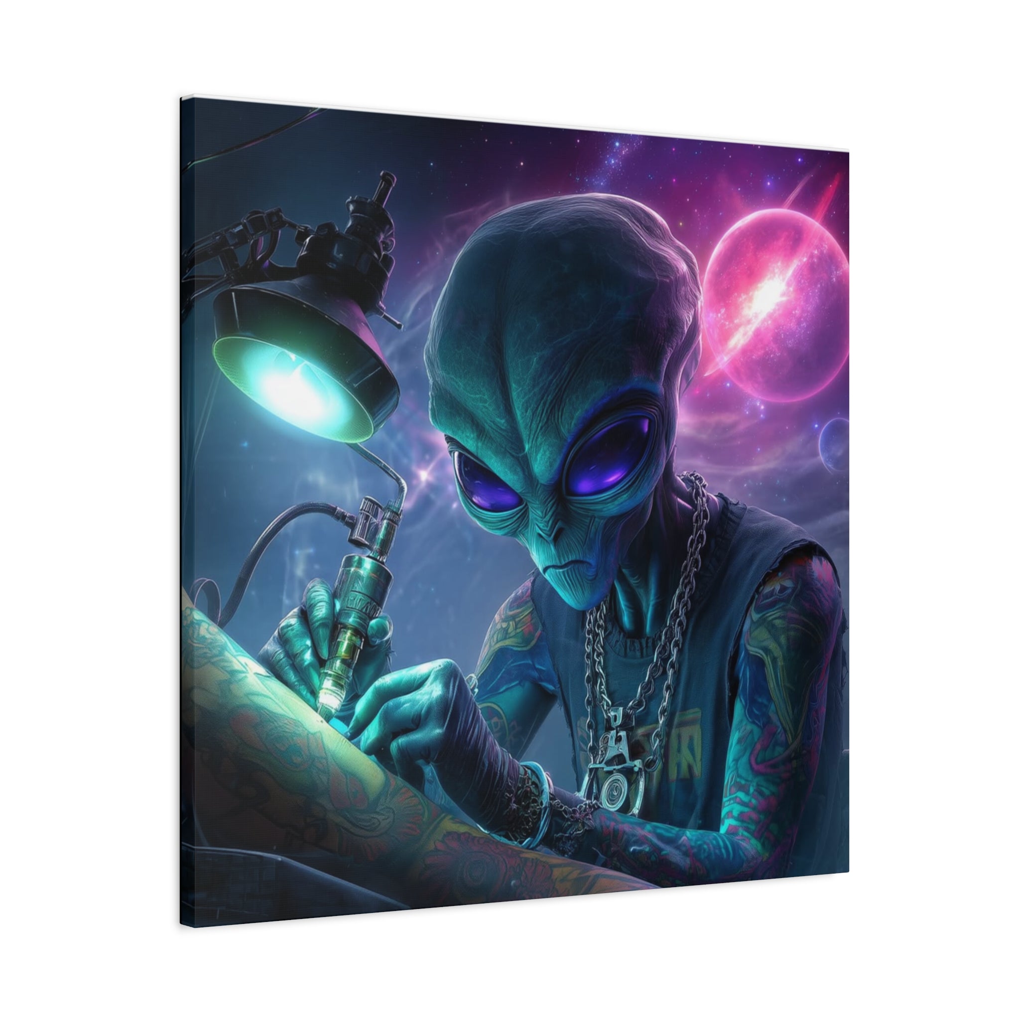 Alien Tattoo Artist Matte Canvas Print — Sci‑Fi Wall Art for Gamers & Nerd Decor