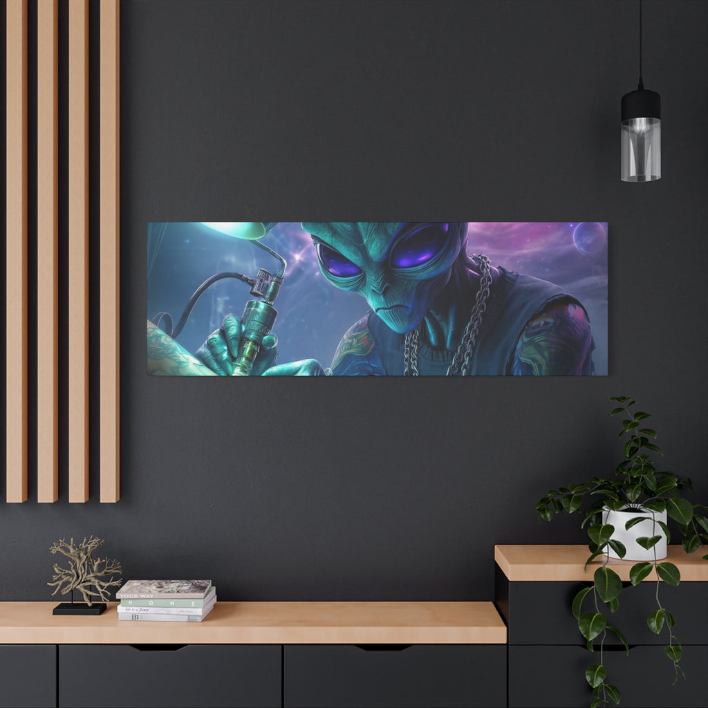 Alien Tattoo Artist Matte Canvas Print — Sci‑Fi Wall Art for Gamers & Nerd Decor