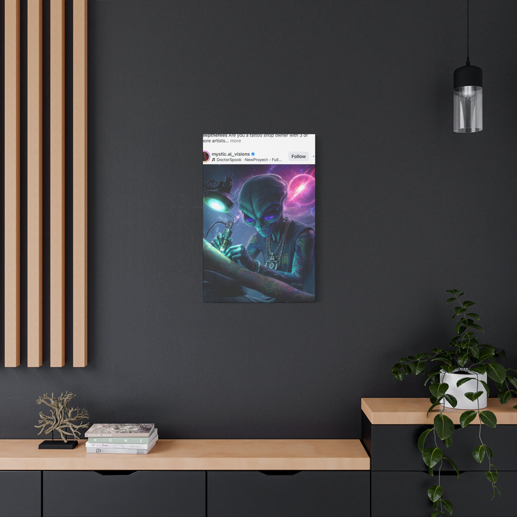 Alien Tattoo Artist Matte Canvas Print — Sci‑Fi Wall Art for Gamers & Nerd Decor