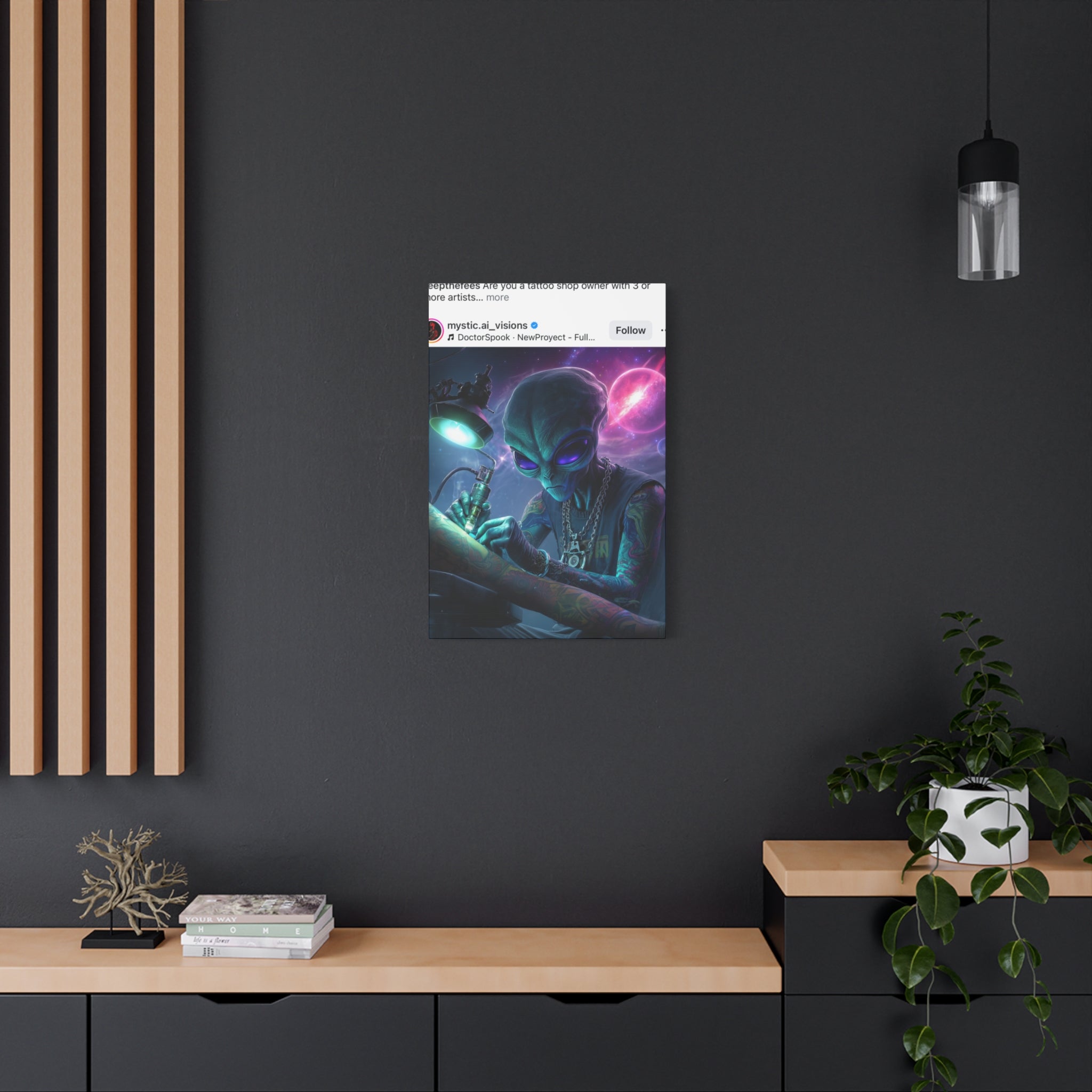 Alien Tattoo Artist Matte Canvas Print — Sci‑Fi Wall Art for Gamers & Nerd Decor