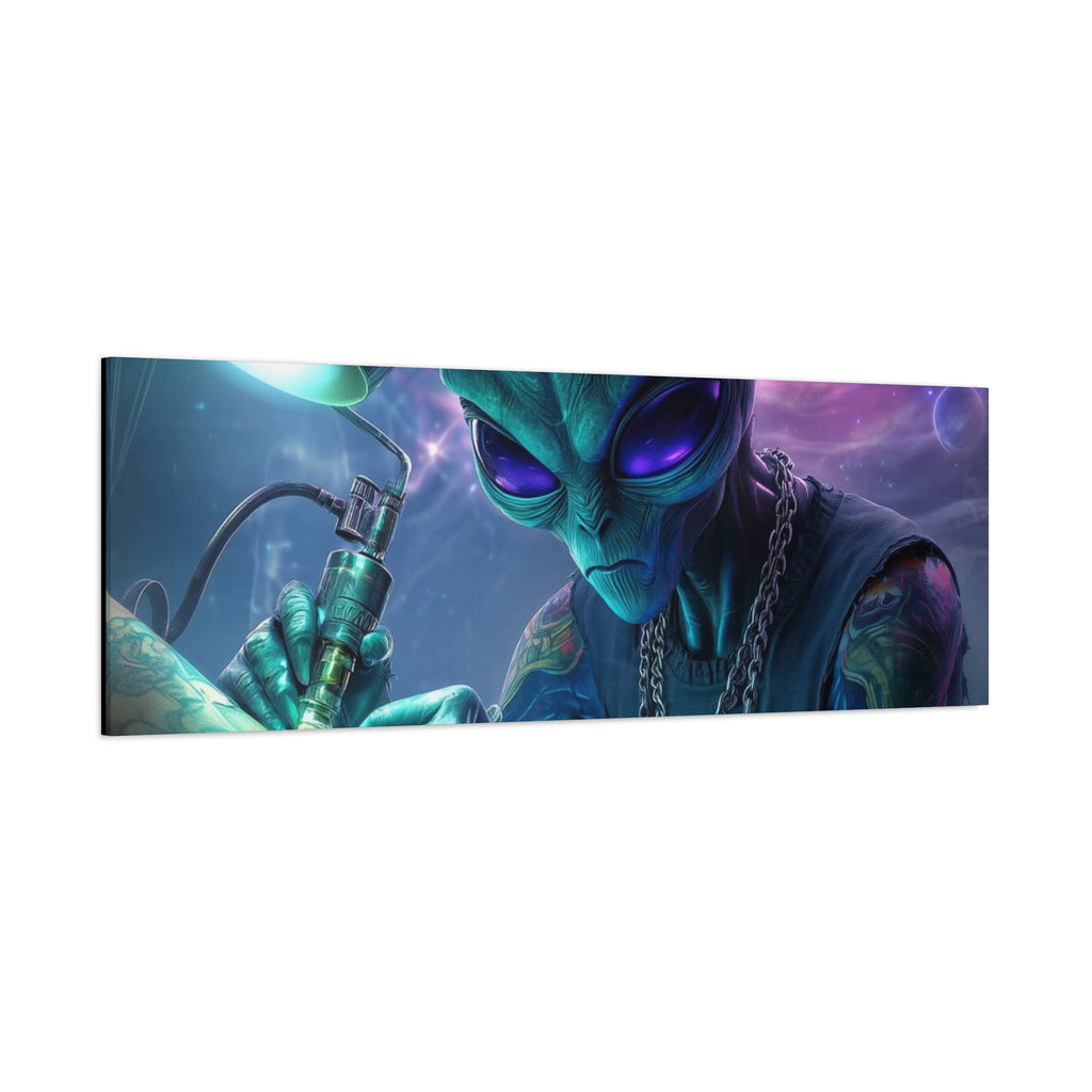 Alien Tattoo Artist Matte Canvas Print — Sci‑Fi Wall Art for Gamers & Nerd Decor