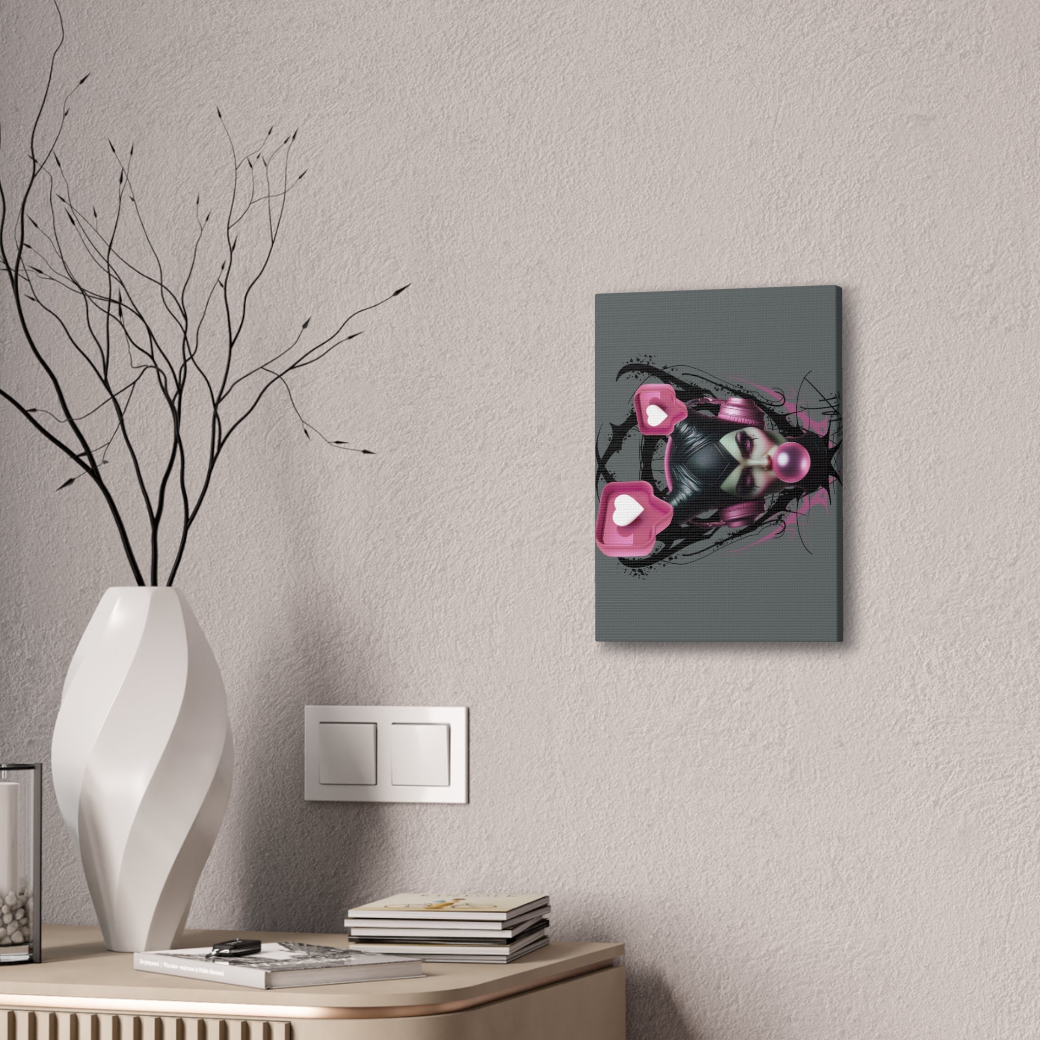 Gothic Pop Art Canvas Print — Pink Headphones & Bubblegum Femme