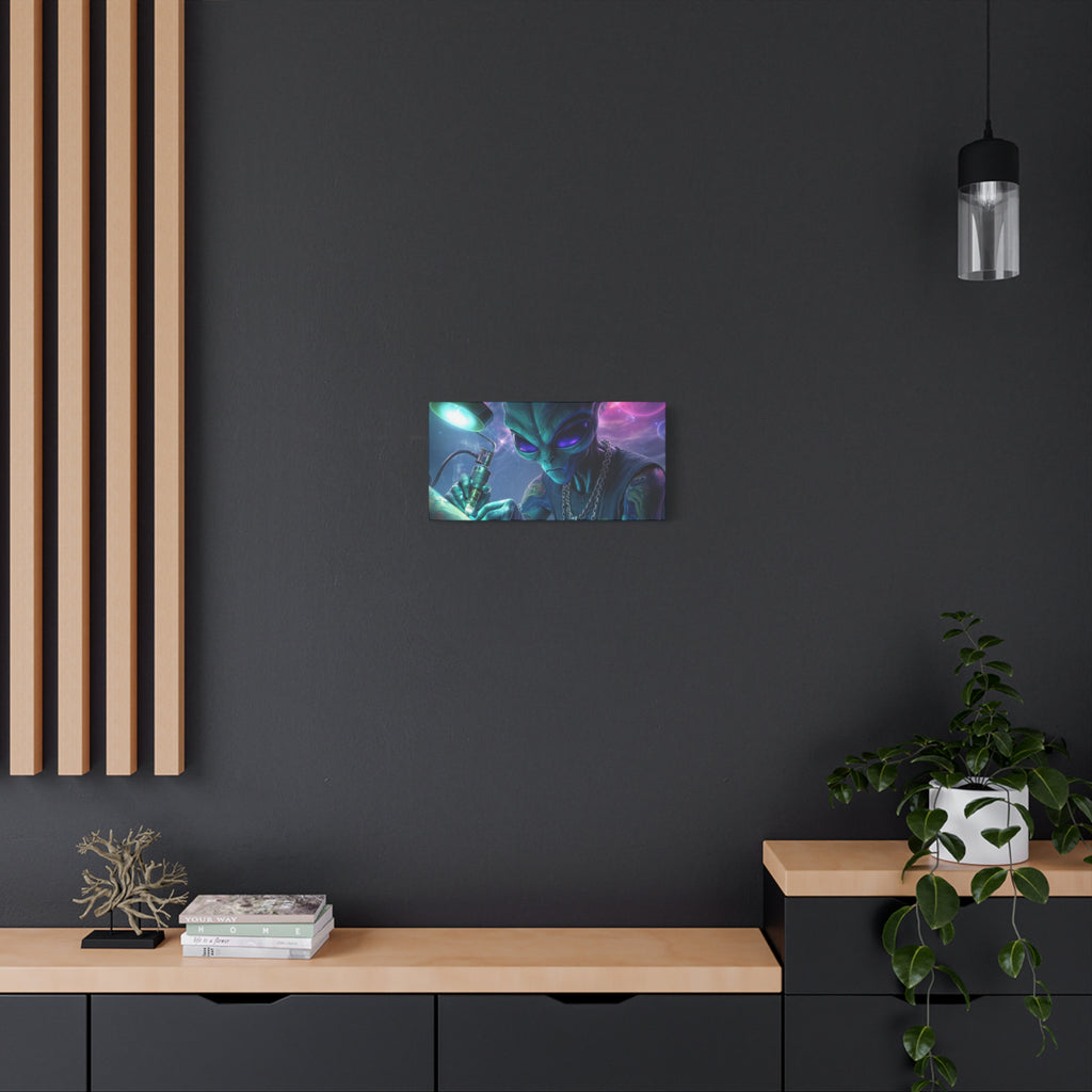 Alien Tattoo Artist Matte Canvas Print — Sci‑Fi Wall Art for Gamers & Nerd Decor