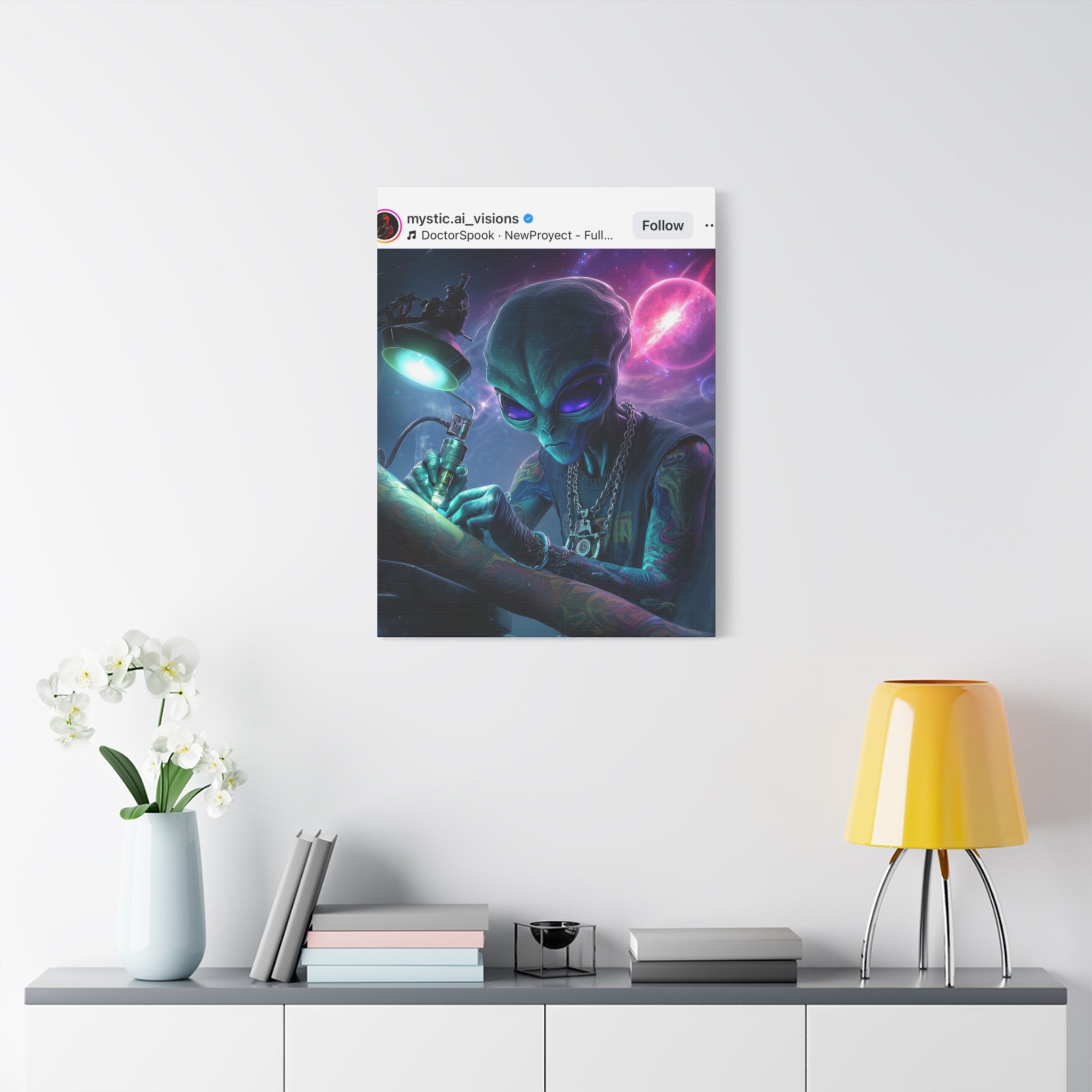 Alien Tattoo Artist Matte Canvas Print — Sci‑Fi Wall Art for Gamers & Nerd Decor