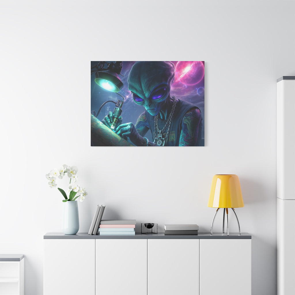 Alien Tattoo Artist Matte Canvas Print — Sci‑Fi Wall Art for Gamers & Nerd Decor