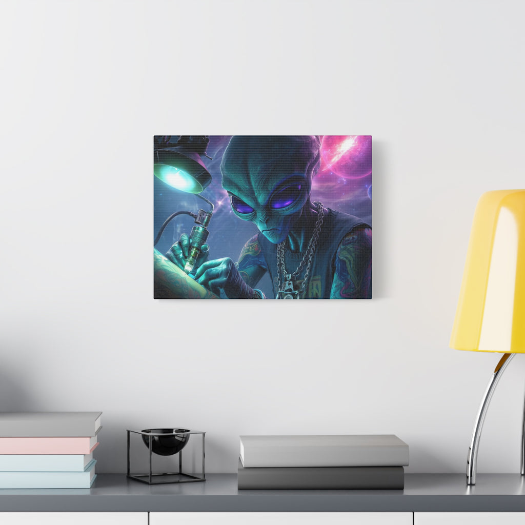 Alien Tattoo Artist Matte Canvas Print — Sci‑Fi Wall Art for Gamers & Nerd Decor