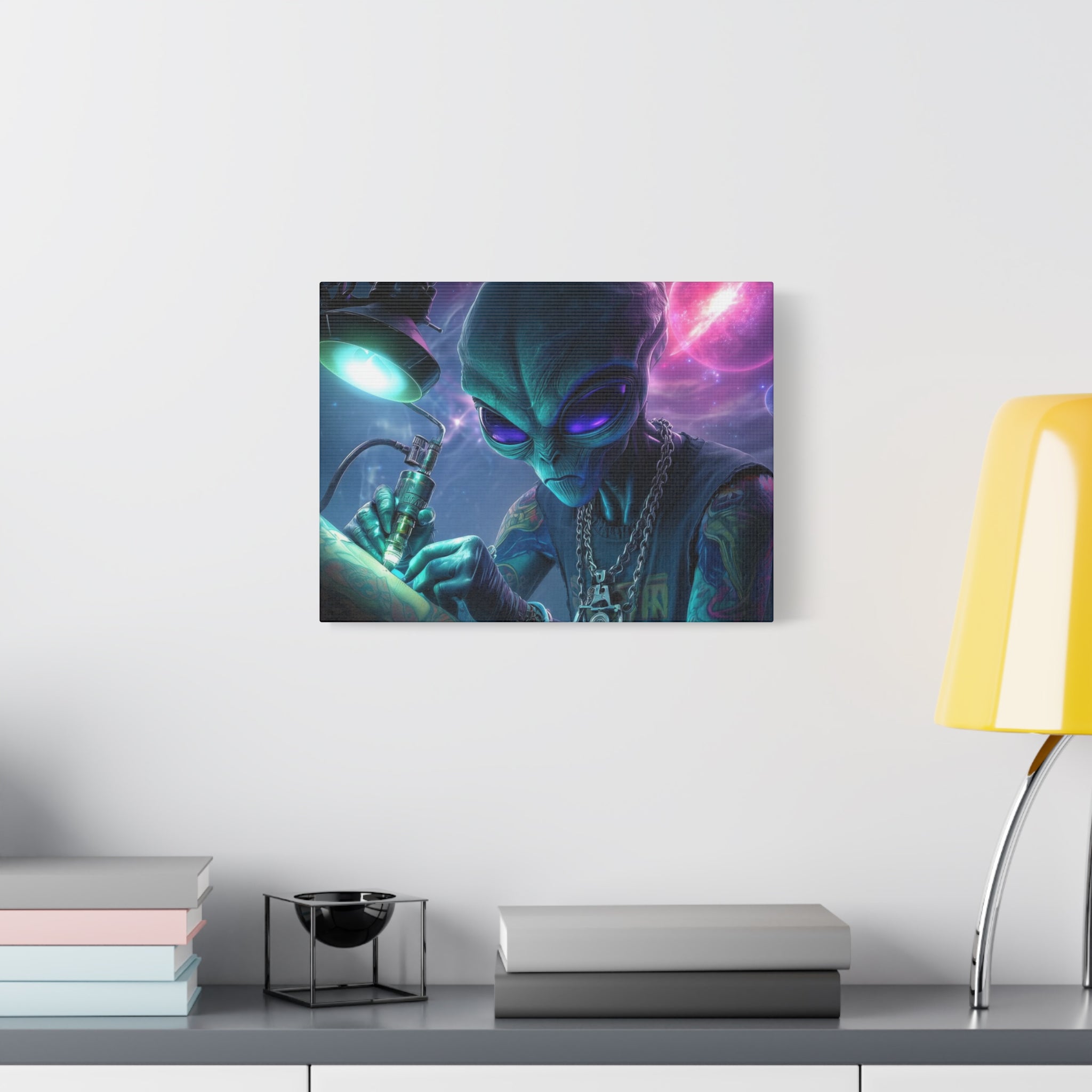Alien Tattoo Artist Matte Canvas Print — Sci‑Fi Wall Art for Gamers & Nerd Decor