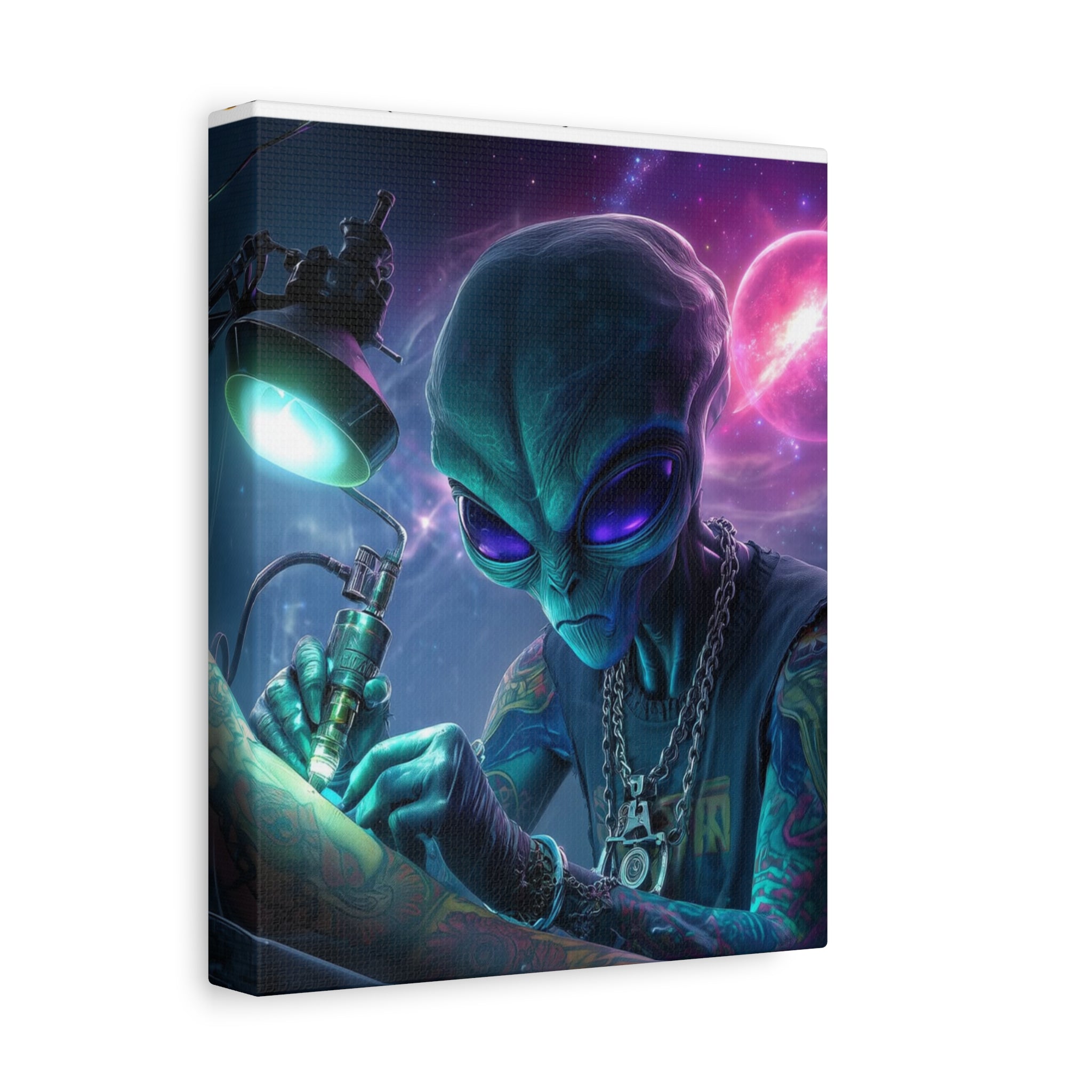 Alien Tattoo Artist Matte Canvas Print — Sci‑Fi Wall Art for Gamers & Nerd Decor
