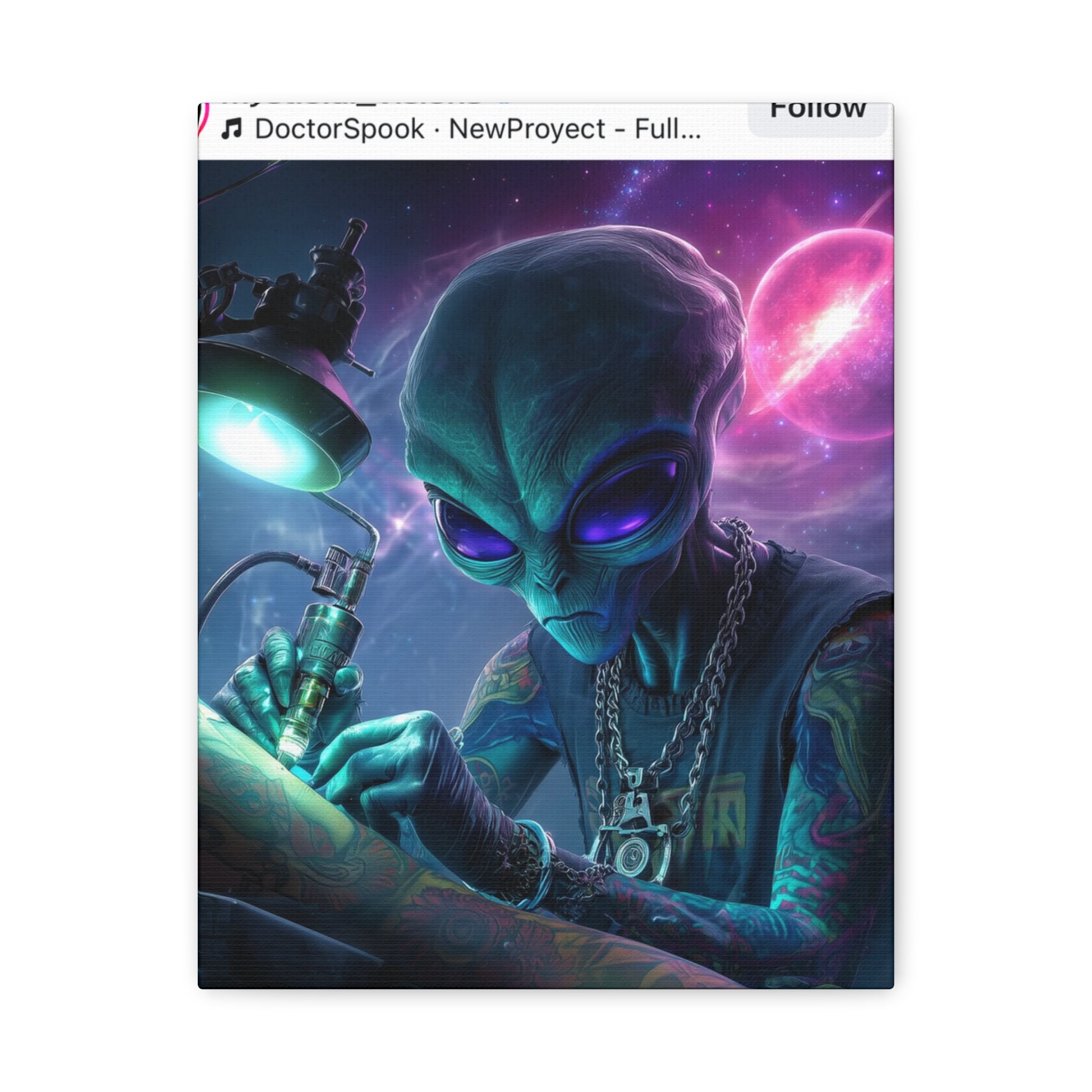 Alien Tattoo Artist Matte Canvas Print — Sci‑Fi Wall Art for Gamers & Nerd Decor