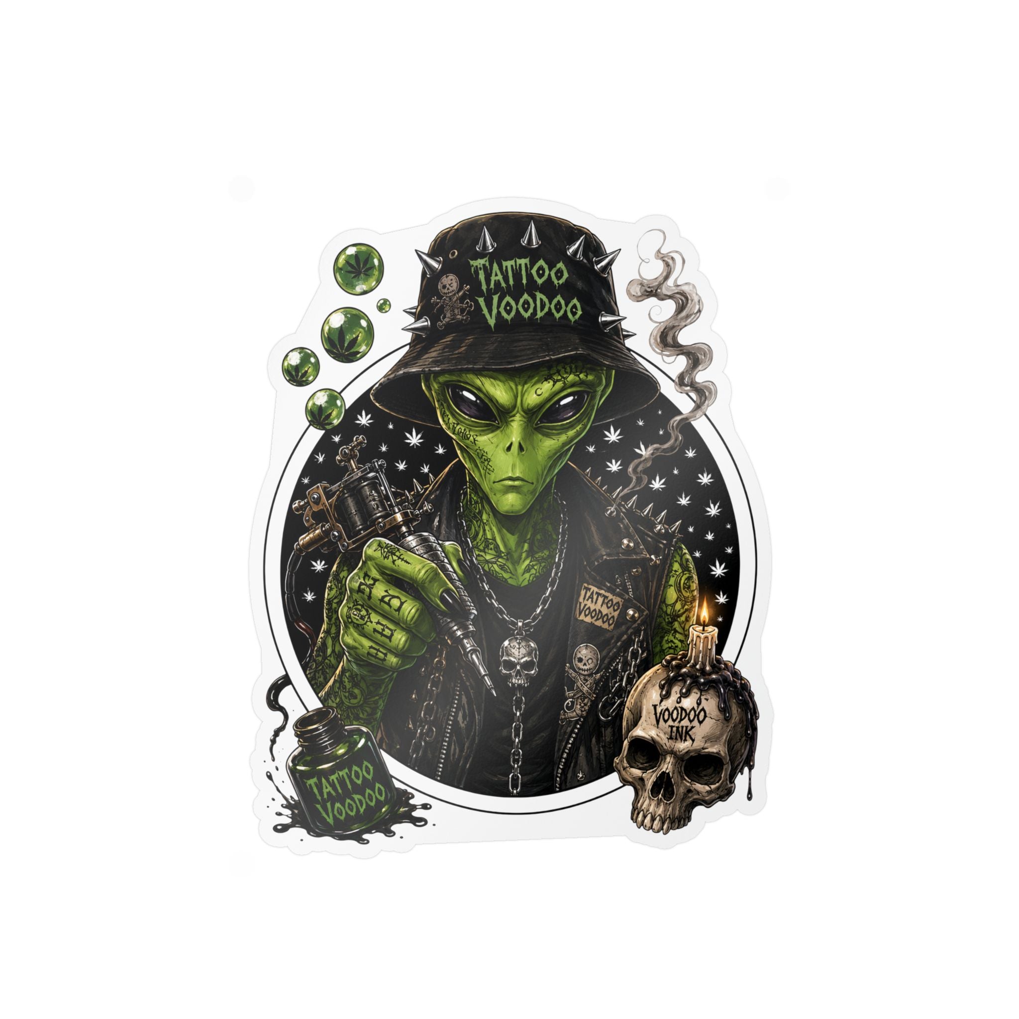 Alien Voodoo Tattoo Kiss-Cut Vinyl Decal — Green Alien with Skull & Smoke