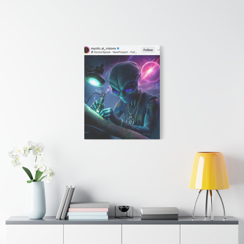 Alien Tattoo Artist Matte Canvas Print — Sci‑Fi Wall Art for Gamers & Nerd Decor