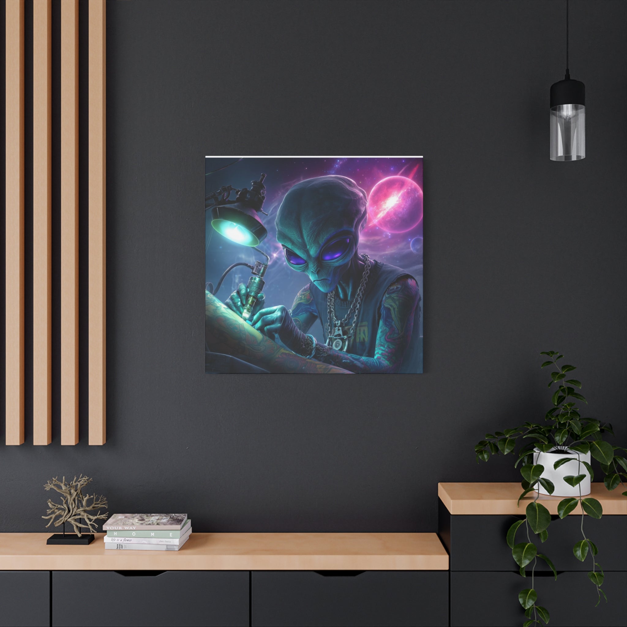 Alien Tattoo Artist Matte Canvas Print — Sci‑Fi Wall Art for Gamers & Nerd Decor
