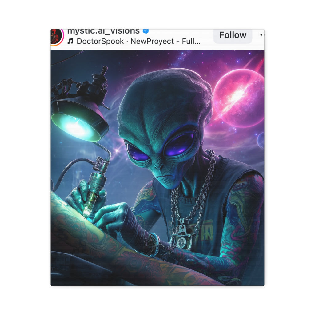Alien Tattoo Artist Matte Canvas Print — Sci‑Fi Wall Art for Gamers & Nerd Decor
