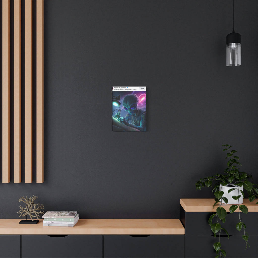 Alien Tattoo Artist Matte Canvas Print — Sci‑Fi Wall Art for Gamers & Nerd Decor